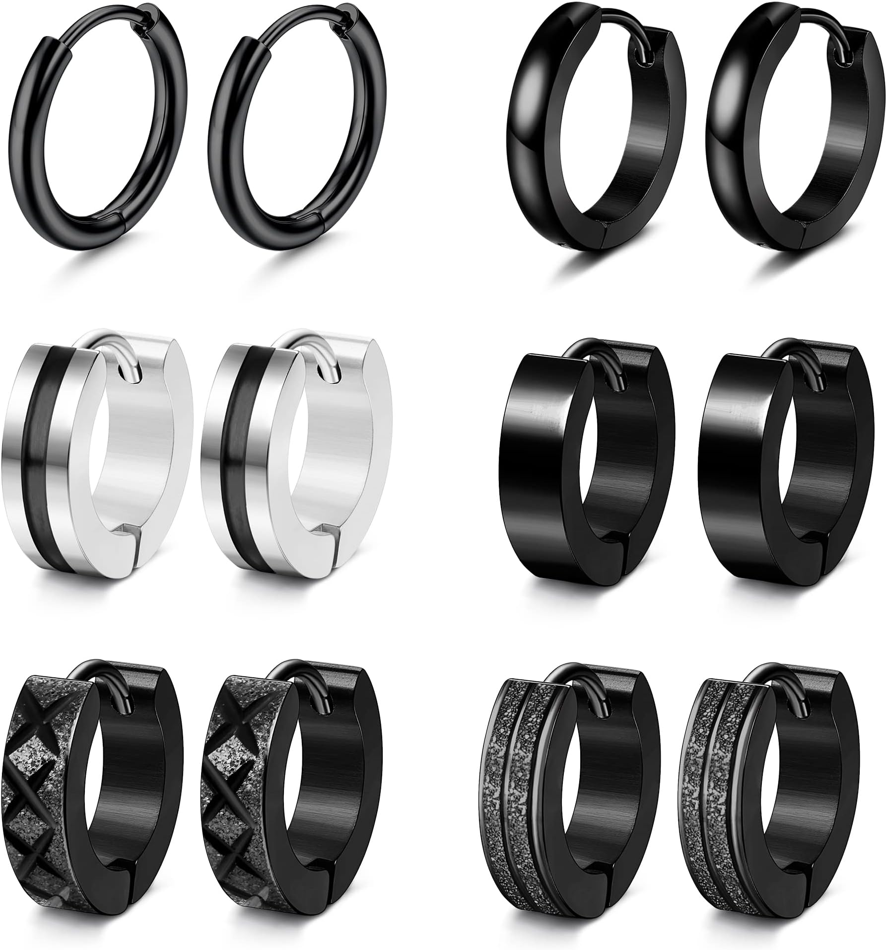 6 Pairs Mens Earrings Hoops Huggie Earrings Set Stainless Steel Earrings Classic Small Hoop Earrings Helix Earrings Piercing Jewellery Sleeper Earrings Black Hoop Earrings for Men Women