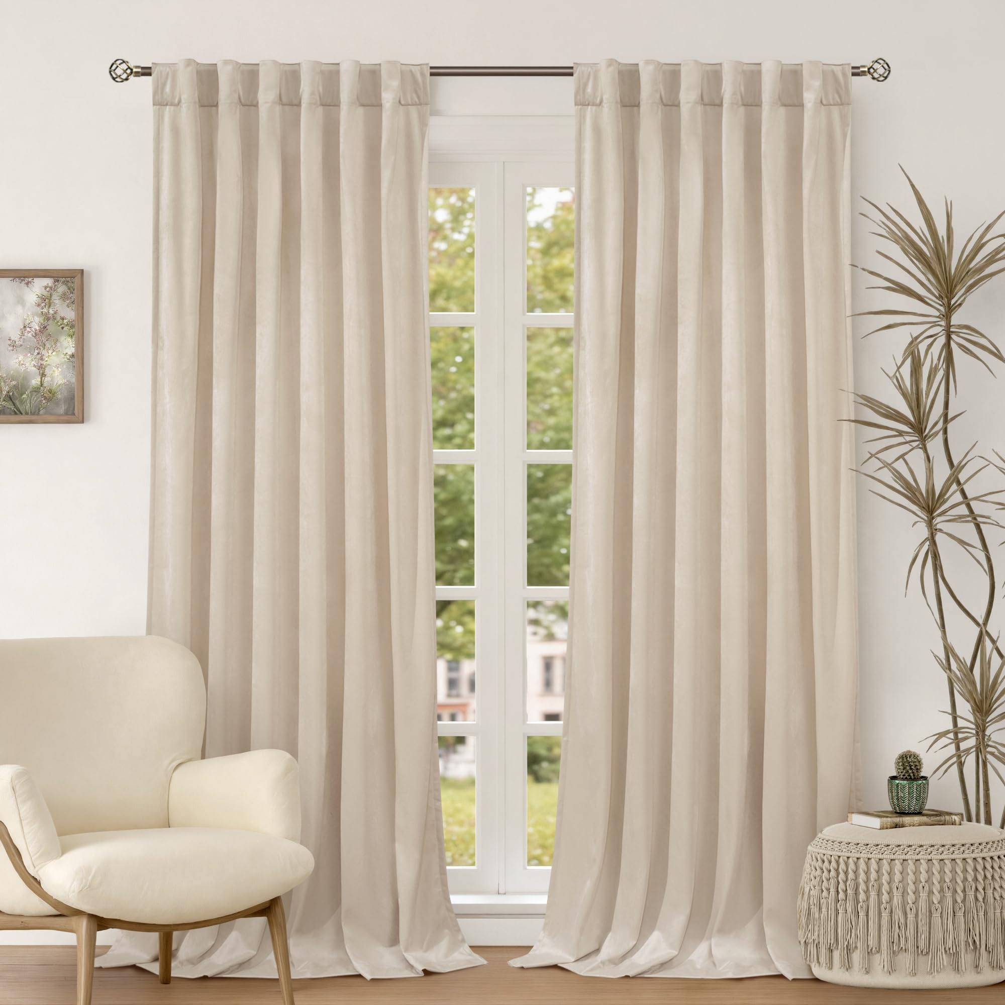 BGment Cream Beige Velvet Curtains 96 Inch for Bedroom, Thick Thermal Insulated Room Darkening Curtains Noise Reduce Back Tab and Rod Pocket Window