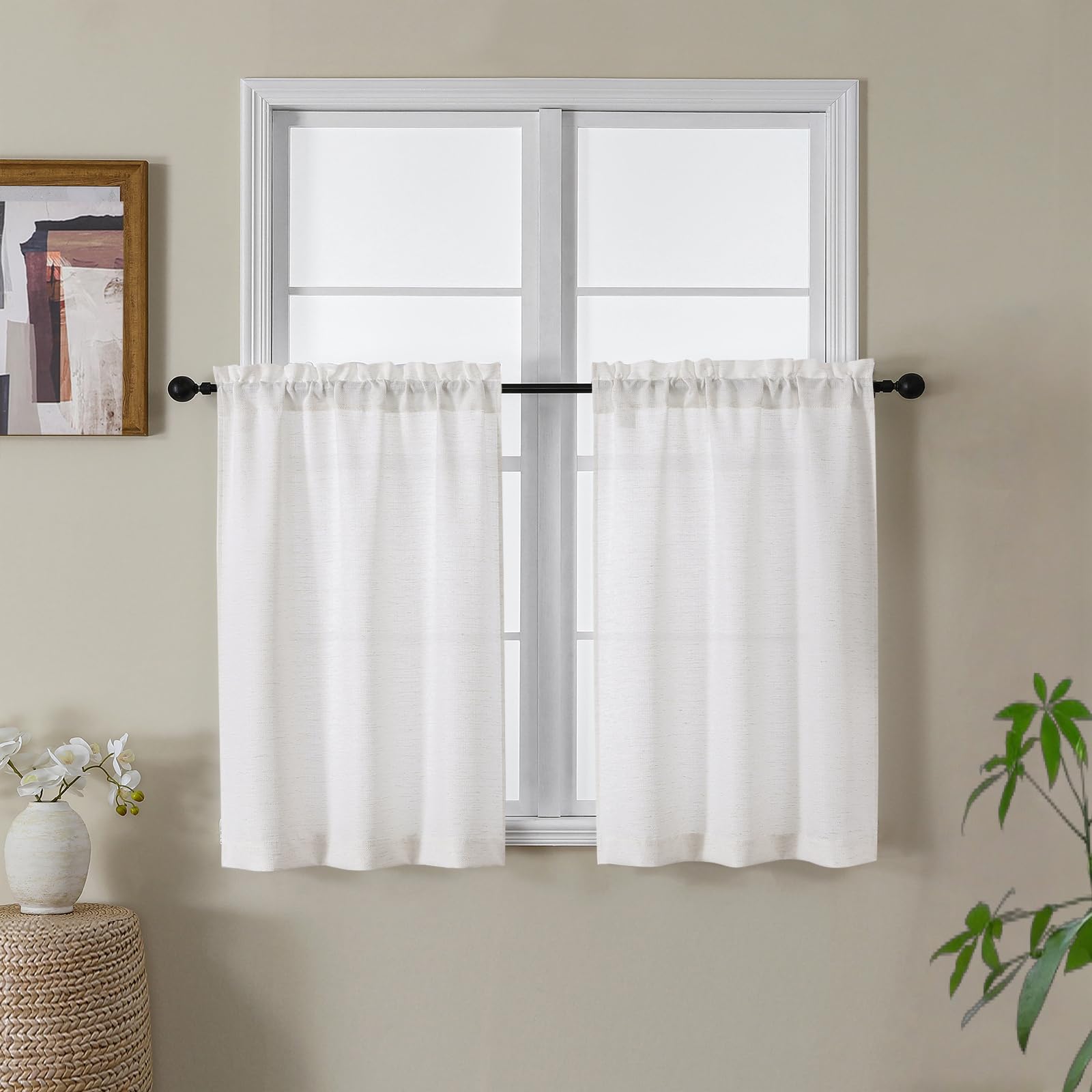 Gwine Natural Curtains 30 Inch Length 2 Panels, Light Filtering Faux Linen Textured Cafe Curtain, Rod Pocket Short Curtain for Bathroom Curtains