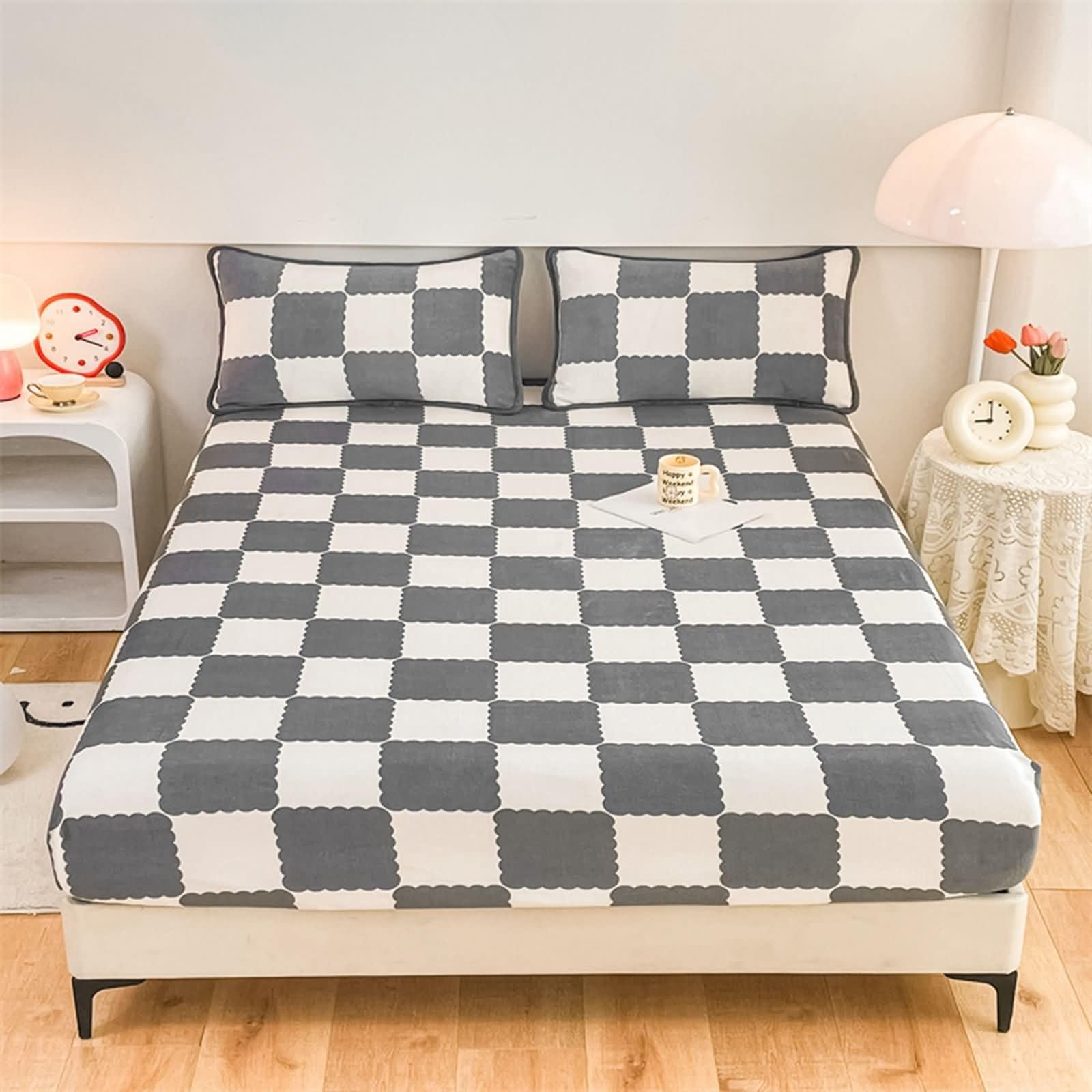 Grau Spannbettlaken Dekorativ, Kariert Muster Bettlaken mit Gummizug Samt, Textilien Bettwäsche Set Laken für Bett Unterbett für Matratze, 180x220cm