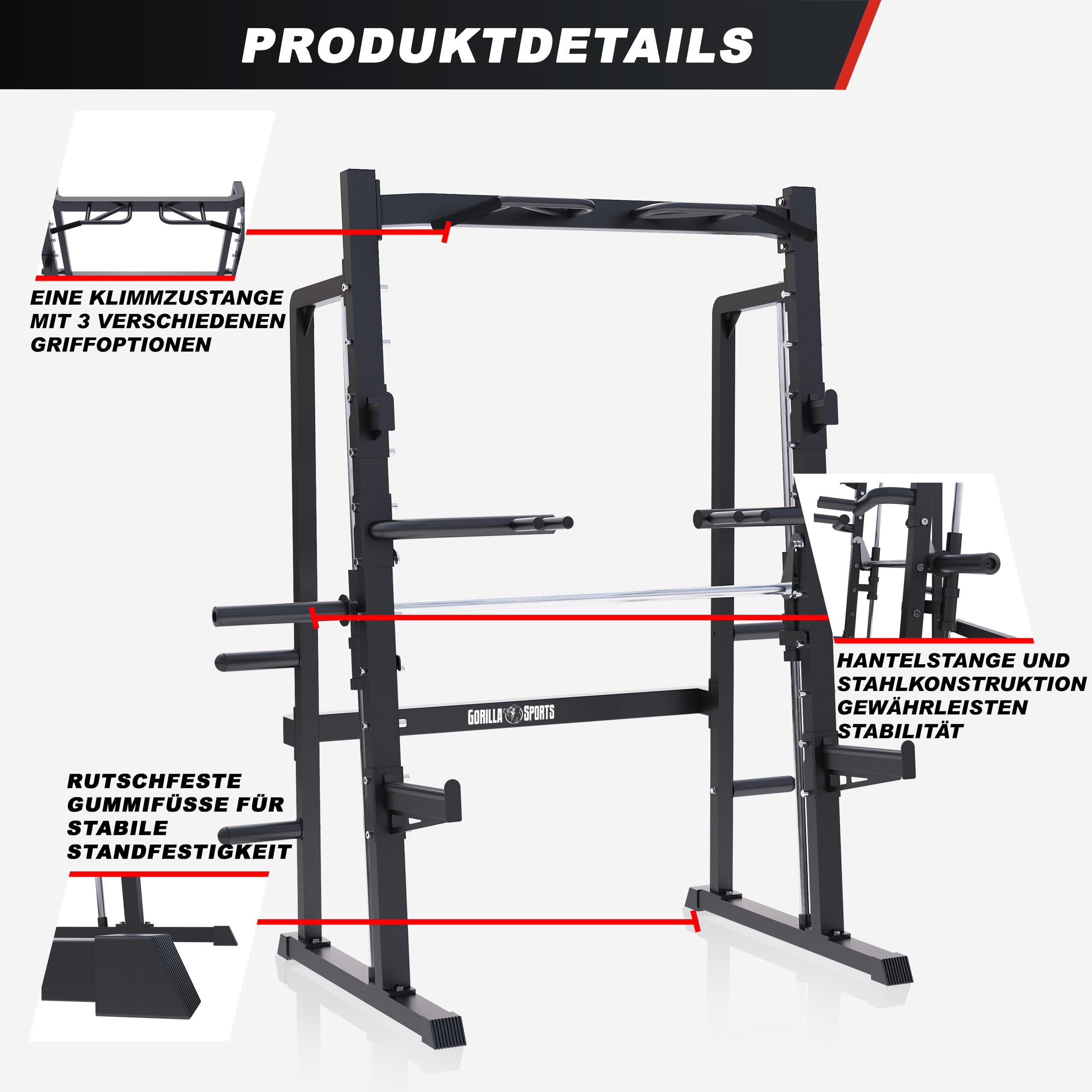 GORILLA SPORTS® Smith Machine - Pull Up Bar, Barre Guidée pour Disques 50/51 mm, Charge Max 300 kg - Cage a Squat, Machine de Sport, Power Station, Gym Equipment