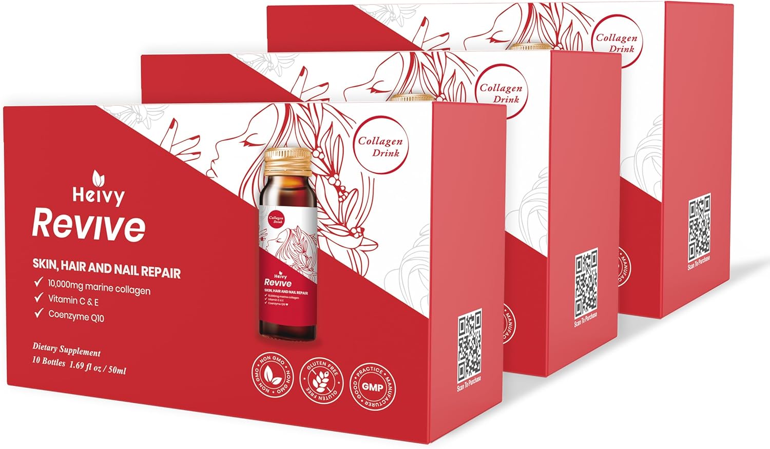 Heivy Liquid Collagen for Women, Collagen Drink with 10,000mg Marine Collagen Peptides, Collagen Liquid for Women for Hair Growth, Skin Repair, Nail Strength, 1.69 Fl Oz (Pack of 30)