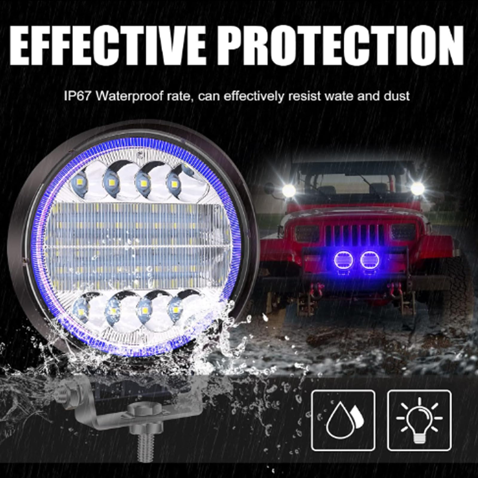 2x 96W Faretti LED Off Road con anello Halo Blu Angel Eyes,4" Faro da Lavoro 12V 24V Fari Led Auto Barra LED Fuoristrada Luci Antinebbia Fari Supplementari per Off Road Moto 4WD SUV ATV UTV