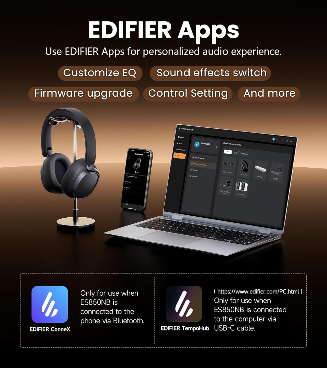 Edifier ES850NB Active Noise Cancelling Headphones, Over Ear Bluetooth Headset, 92H Playtime Wired & Wireless Hi-Res Audio Certified, Fast Charging Clear Calls for Home Office Travel - Brown - Image 9