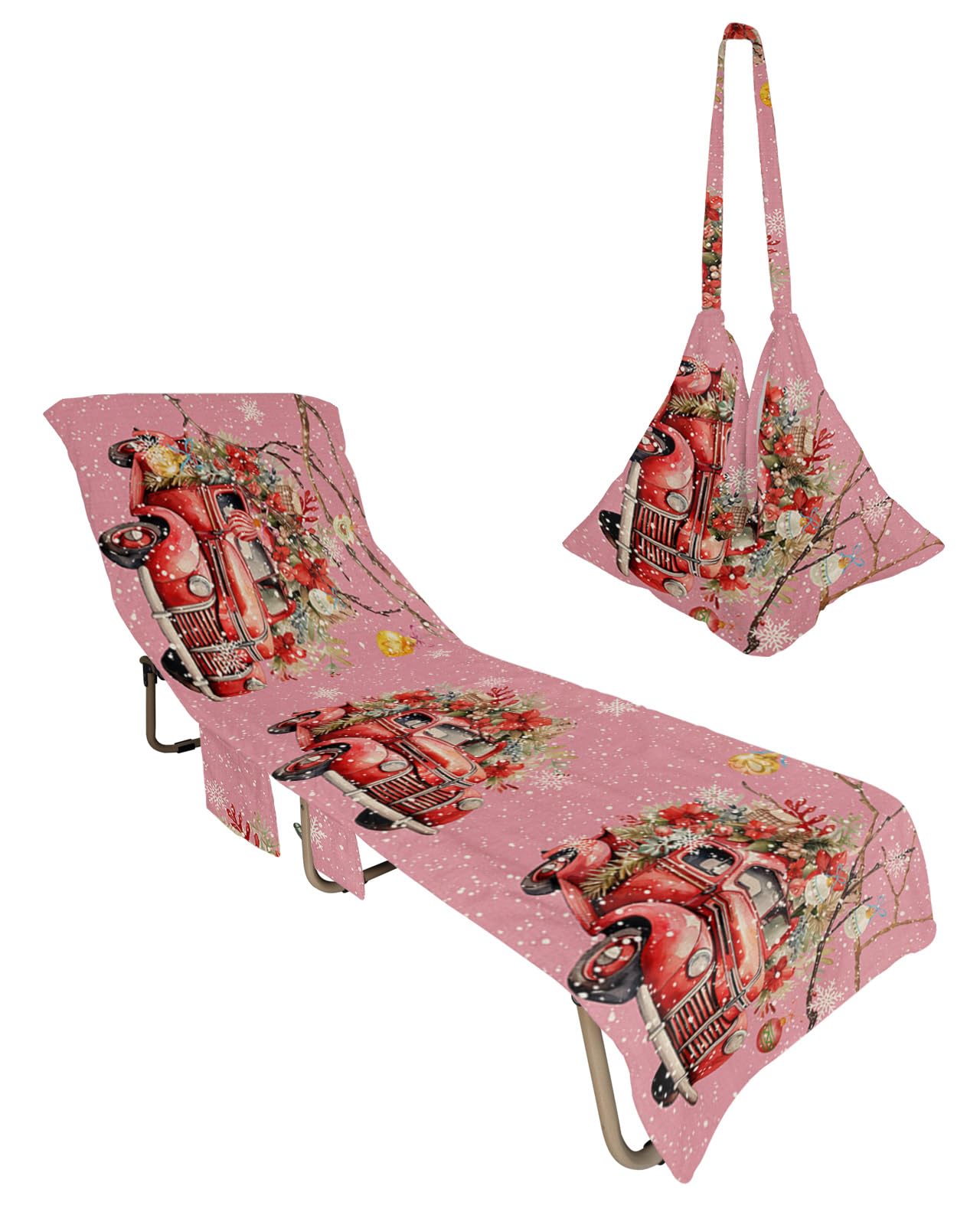Pink Truck Christmas Beach Lounge Chair Towel Cover, Soft Chaise Lounge Towel with Side Pockets Patio Pool Chairs Cover for Beach/Pool Sunbathing 29x85 Xmas Balls Poinsettia Botanical Rustic
