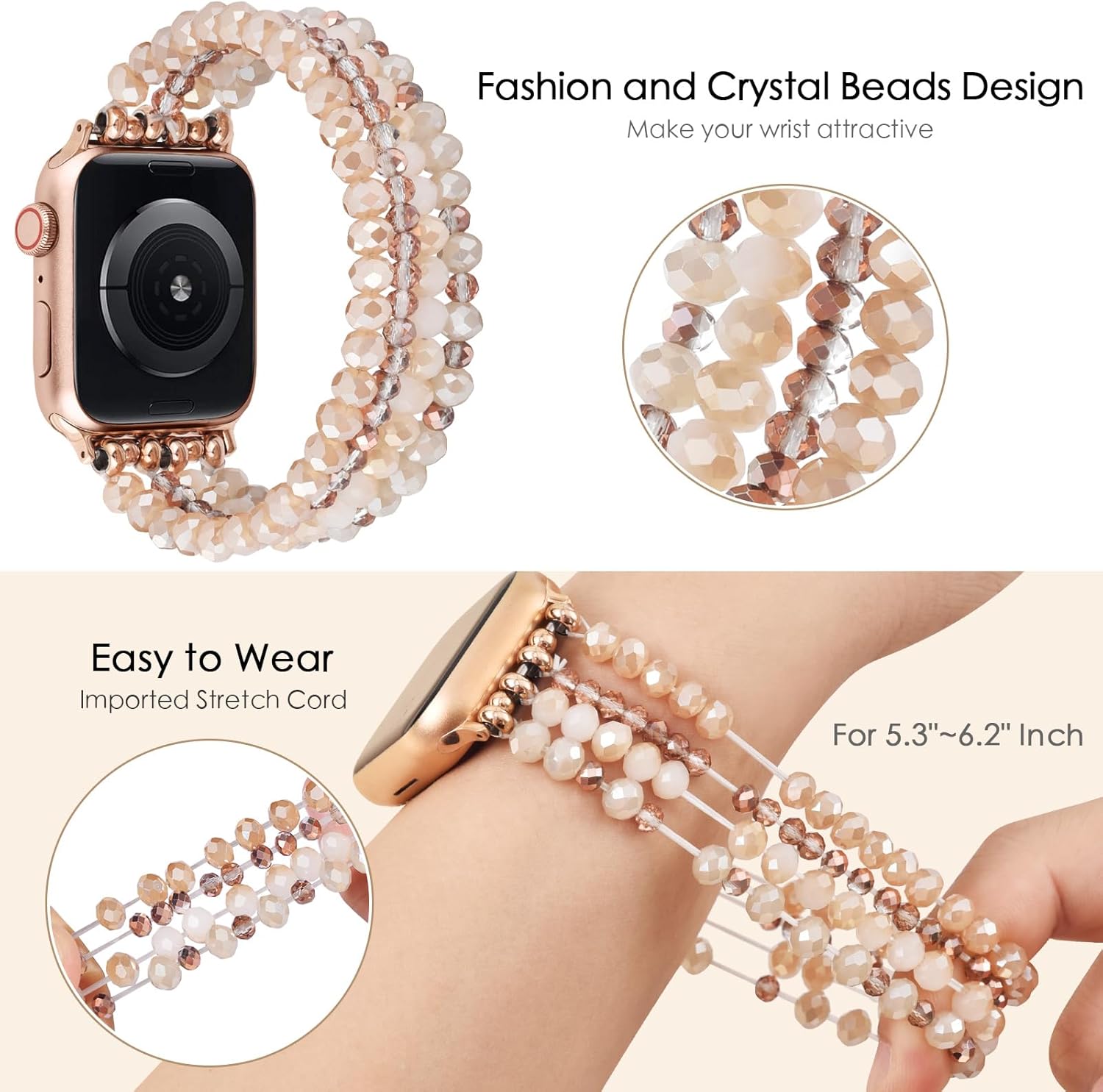VISOOM Beaded Bracelet Compatible for Apple Watch Band 42mm/41mm/40mm/38mm Series11 10 9 8 7 Se(3 2 1) Series 6/5/4 Women Fashion Cute Handmade Pearl Stretchy Watch Strap for iWatch Bands Series 3/2/1 - Image 4