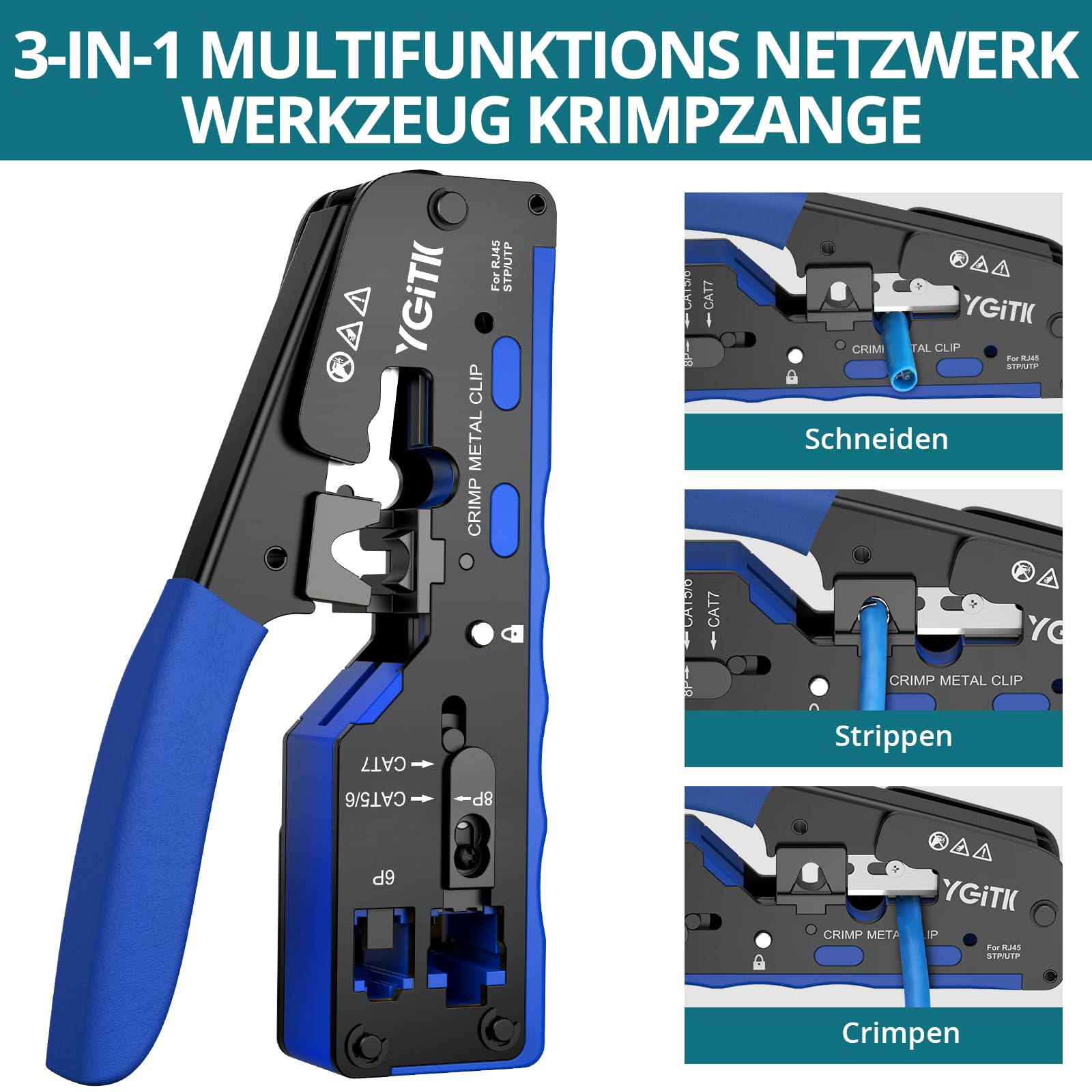 YGiTK RJ45 Crimp Tool Kit, 3-in-1 Crimper, Stripper, Cable Tester for CAT5, Cat5e, CAT6,Cat6A 8P+6P - Image 2