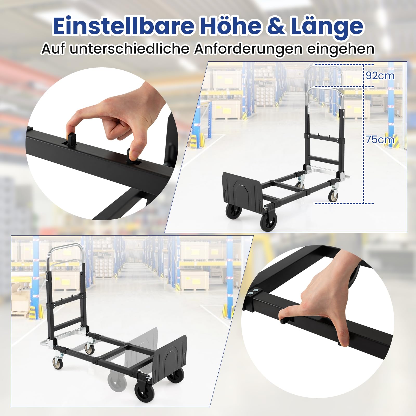 COSTWAY 2-in-1 Transportwagen Sackkarre klappbar, Handwagen mit Teleskopgriff & Verstellbarer Länge, Plattformwagen max. 272 kg, Transportkarre max. 135KG, Rollwagen Werkstatt mit 360° Lenkrollen