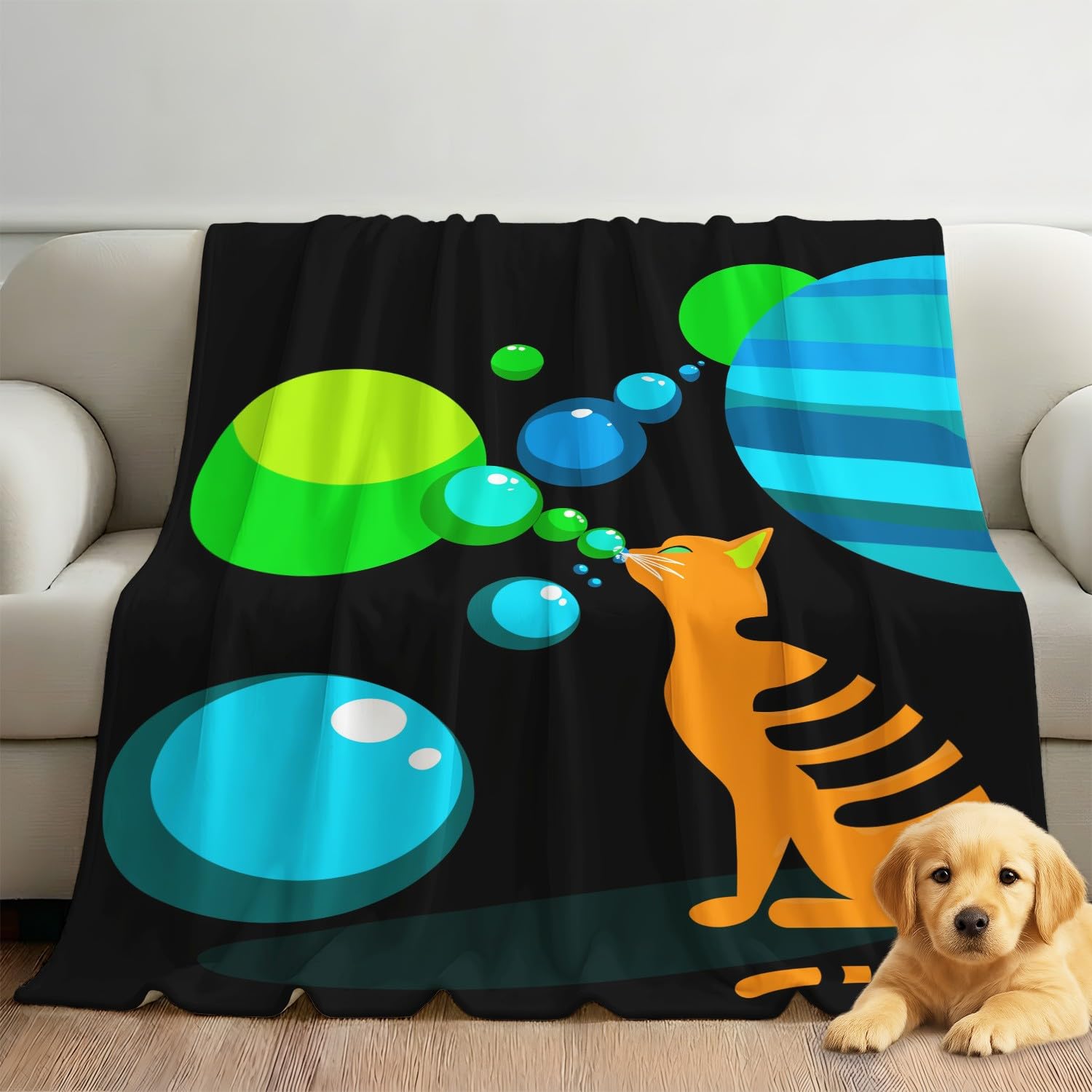 Coperta di cartone animato fantascienza gatto pianeti universo bolle al neon surrealistiche per donna uomo, coperta in peluche super morbida in flanella, decorazione per la cameretta dei bambini, 180