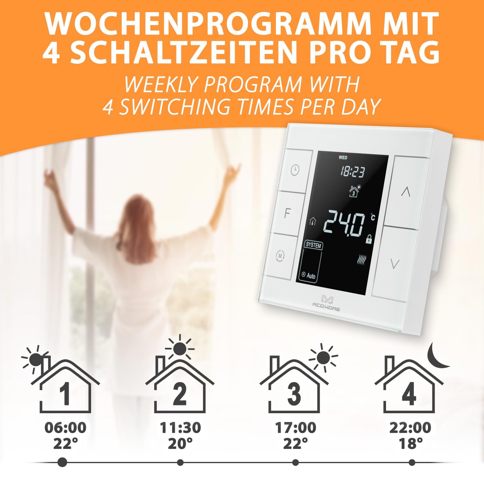 MCO Home Z-Wave Raumthermostat MH7H-EH für Fußbodenheizung & Infrarot-Heizung/Z-Wave Smarthome kompatibel weiß