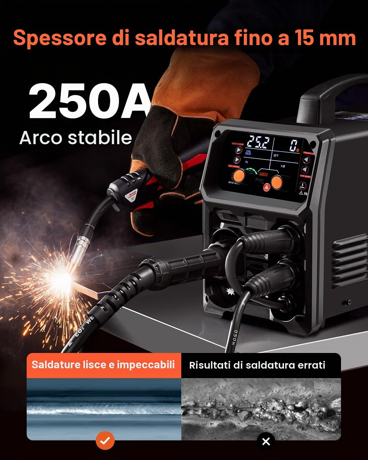 VEVOR Stazione Saldatura MIG Corrente Uscita 250 A, Saldatrice MIG Sinergica Portatile Senza Gas MIG Gas MMA Lift TIG AU TIG 5 in 1 IGBT Tecnologia Inverter Schermo LCD, Torcia Lift TIG Non Inclusa