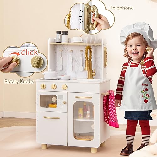 Miniatura 3 de Costzon Juego de cocina para niños, cocina de juego de simulación con grifo extraíble, fregadero, estufas, teléfono, microondas, horno, escurridor
