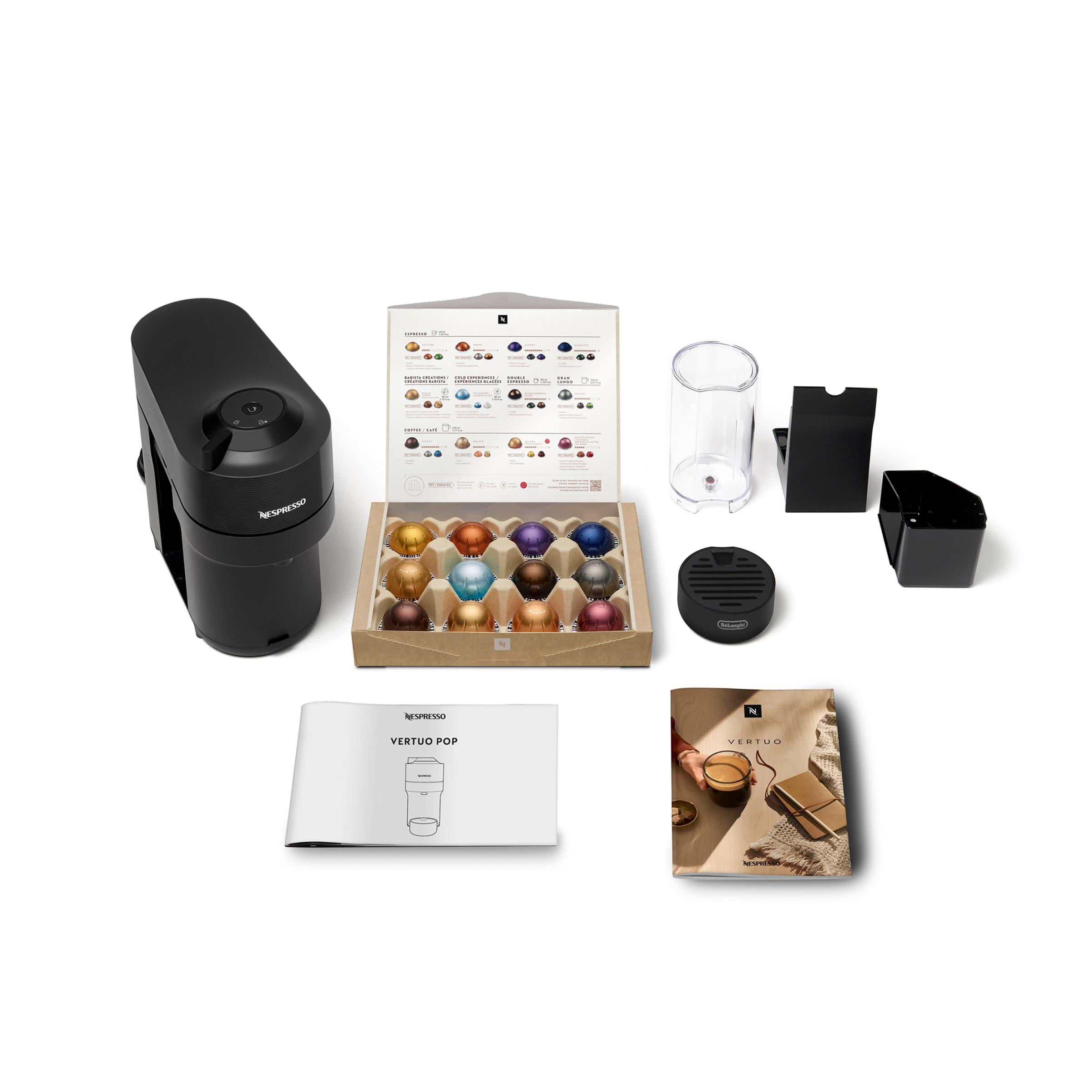 De'Longhi Nespresso Vertuo Pop ENV90.B, Macchina Caffè a Capsule con Tecnologia Centrifusion, 4 Formati in Tazza, Incluso Set di Benvenuto con 12 Capsule, 1260W, Liquorice Black