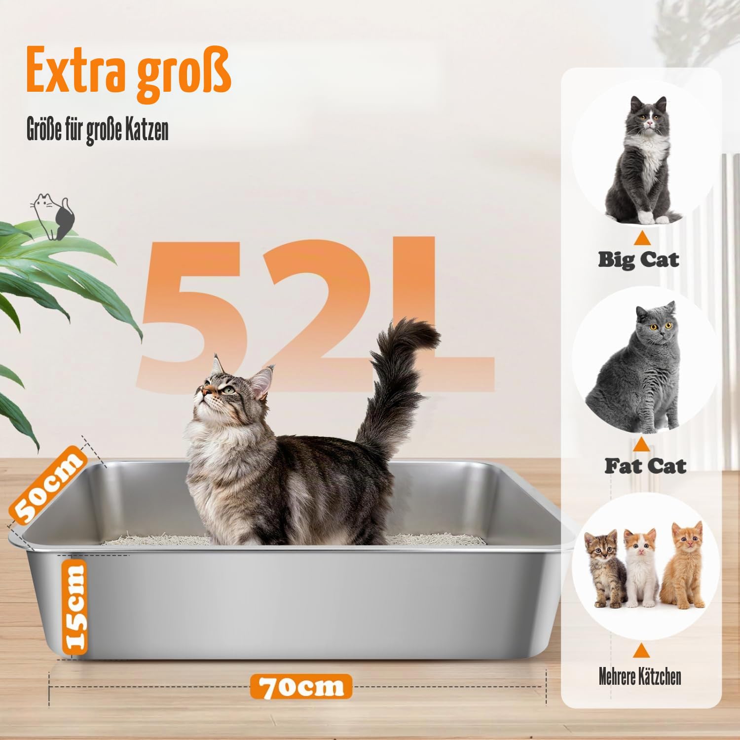 Nobleza Edelstahl Katzenklo XXL 70x50x15cm - Extra Großes Katzentoilette mit Anti-Rutsch Gummiboden, Hop-in Katzen Klo Ohne Deckel, Niemals Gerüche, Fleckfrei, Rostfrei, Antihaft Glatte Oberfläche