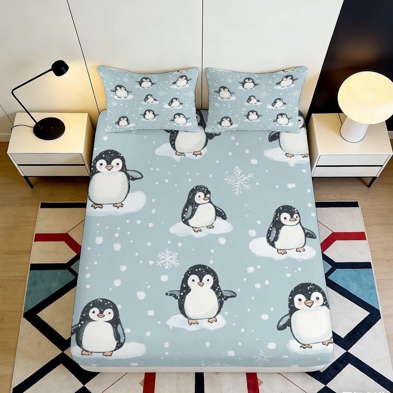 3D Printed Penguin Pattern Fitted Sheet Microfiber Soft Breathable Snowflake Bed Cover for Bedroom Dormitory Guest Room Mattress Protection 120x200x25cm