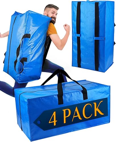 Raydior Heavy Duty Moving bags Storage Totes 4PCS Extra Large Blue Packing Bags Backpack Straps Strong Handles & Zippers College Moving, Laundry