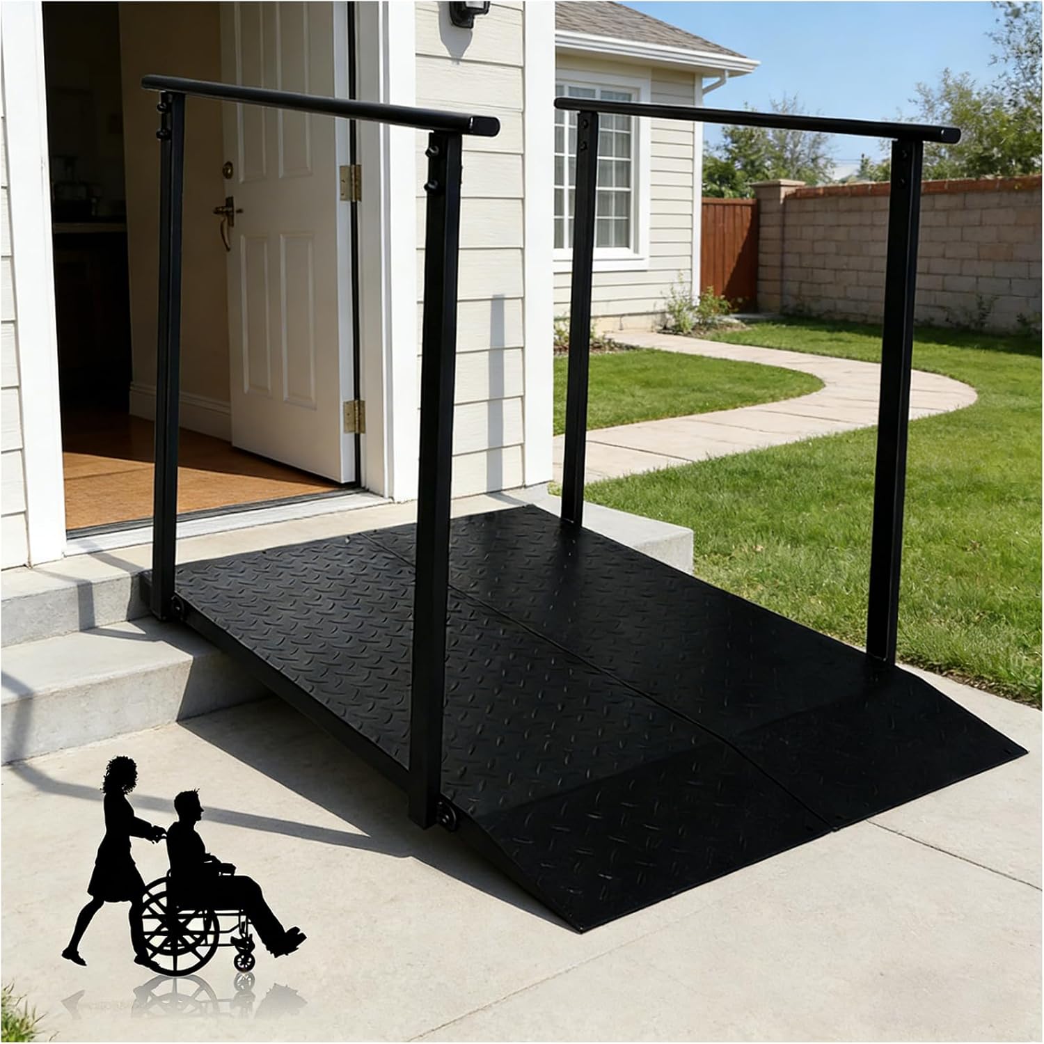 45" Wheelchair Ramp with Handrails for 5-7" Rise, Non-Slip Iron Handicap Ramps for Steps, Threshold Ramp for Home Entry Stairs Curbs, Heavy Duty Ramp 1000 Lbs Capacity (Black)