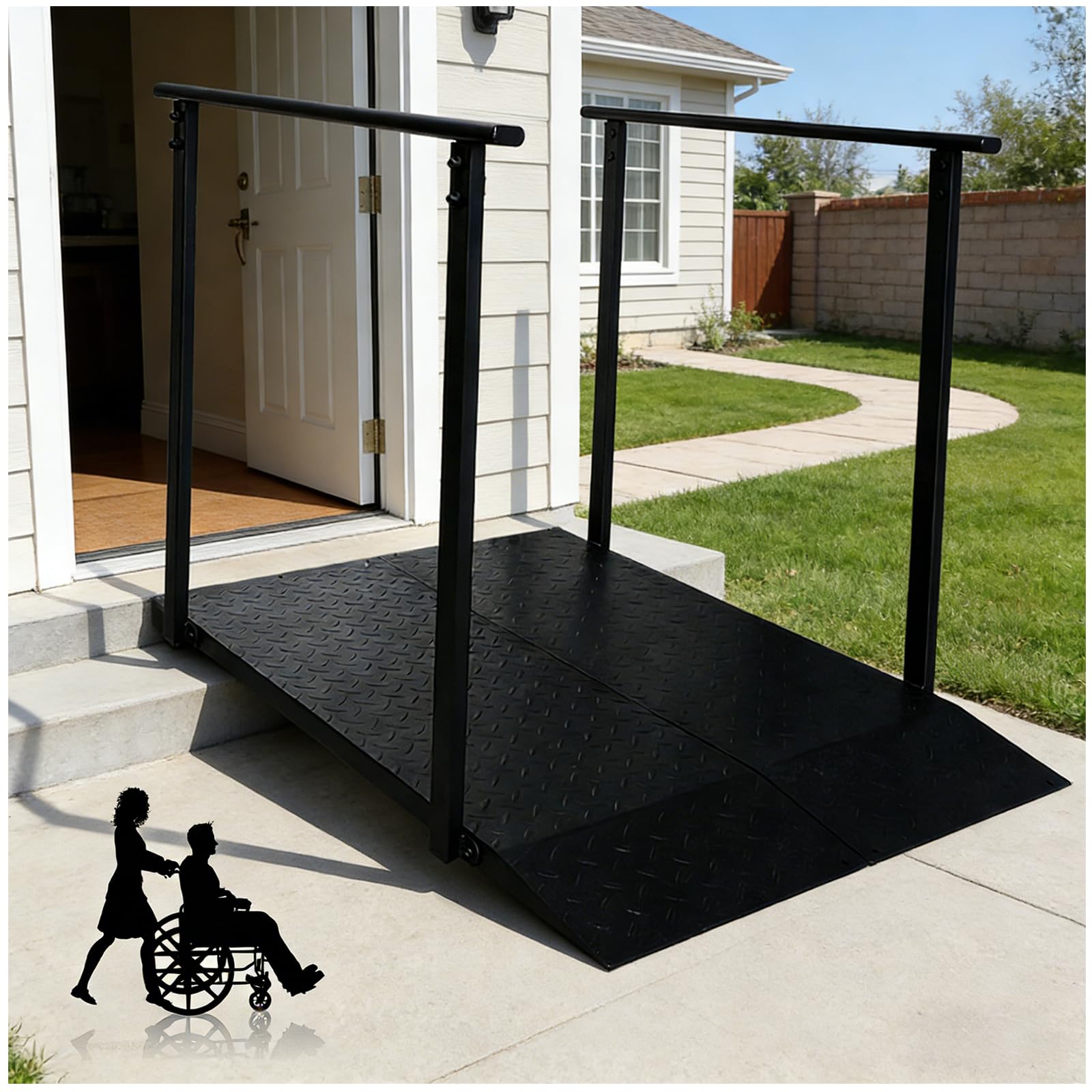 Rampa per Sedia a Rotelle con Corrimano 150 cm – Pedana Antiscivolo per Disabili e Anziani, Portata 450 kg, Ideale per Gradini, Soglie e Marciapiedi, Heavy Duty – Nero (150CM)