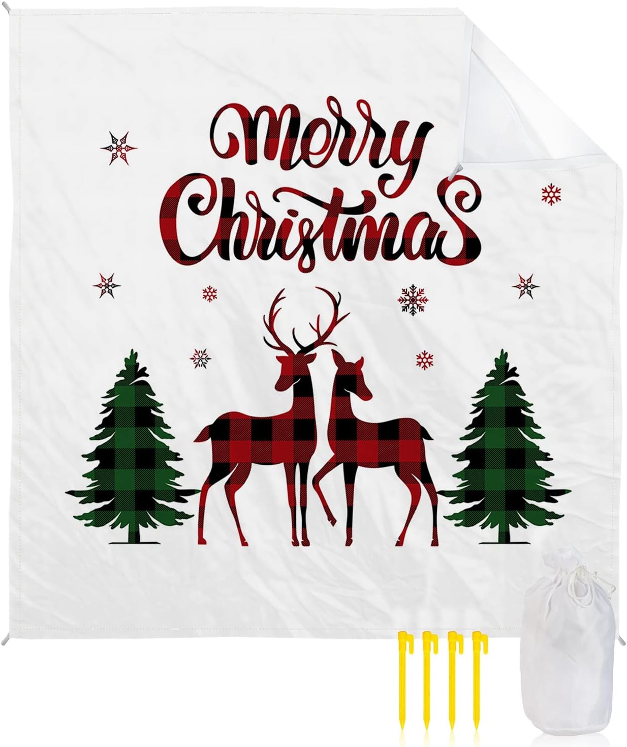 Merry Christmas Buffalo Reindeer with Pine Tree Beach Blanket Waterproof Sandproof Outdoor Picnic Mat 83"x79" White Lightweight Large Beaach Blankets with 4 Stake & 4 Corner Pockets