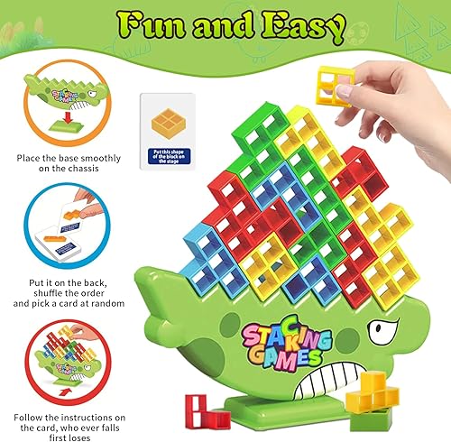 Miniatura 2 de CrazySun Juego de apilamiento de torre Tetra de dinosaurio de 48 piezas