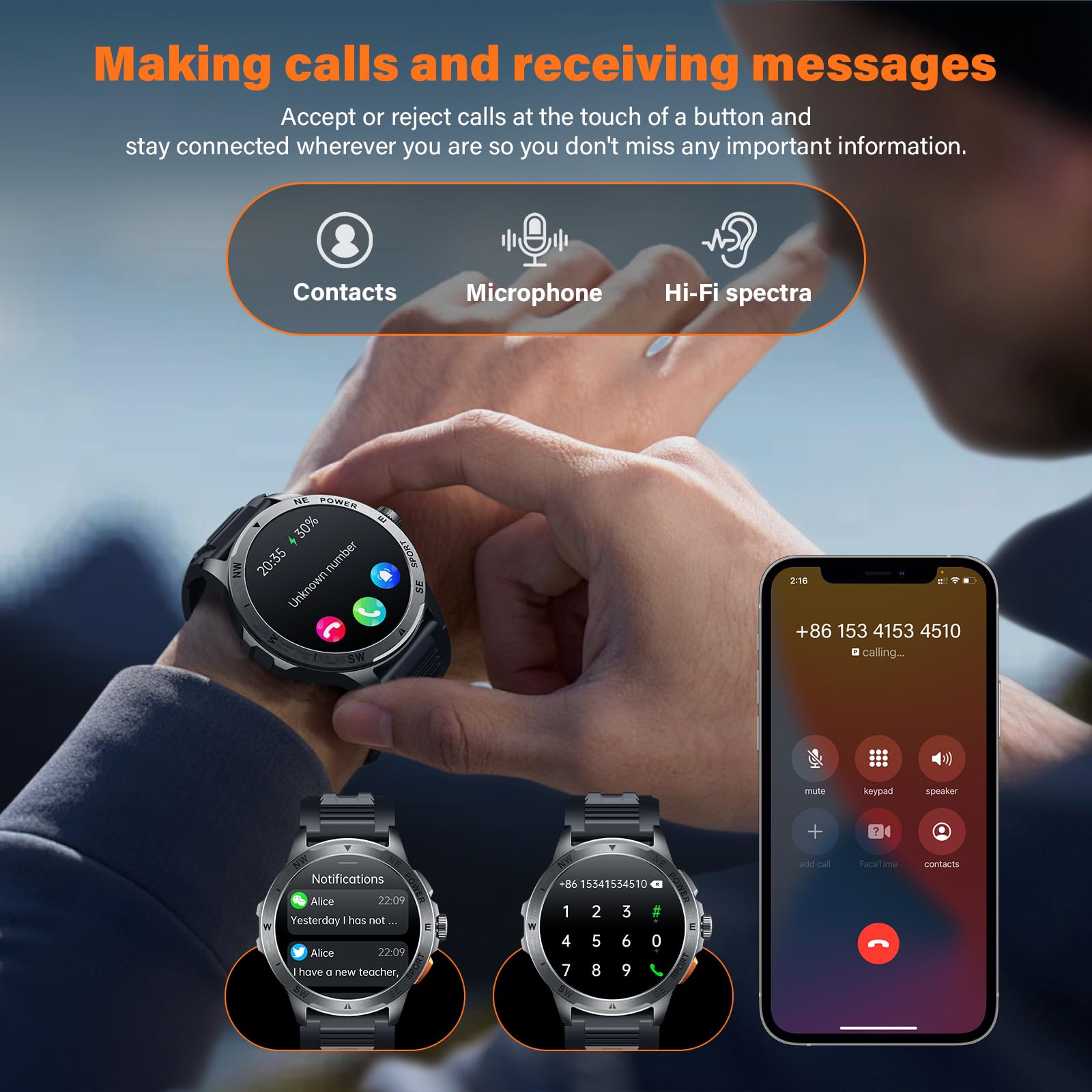 Smartwatch Herren, 1,43" AMOLED Display Fitnessuhr mit Bluetooth Telefonfunktion, 24/7 Herzfrequenzmessung, SpO2-Monitor, 100+ Sportmodi, IP68 wasserdicht, Schlafanalyse, kompatibel mit Android & iOS