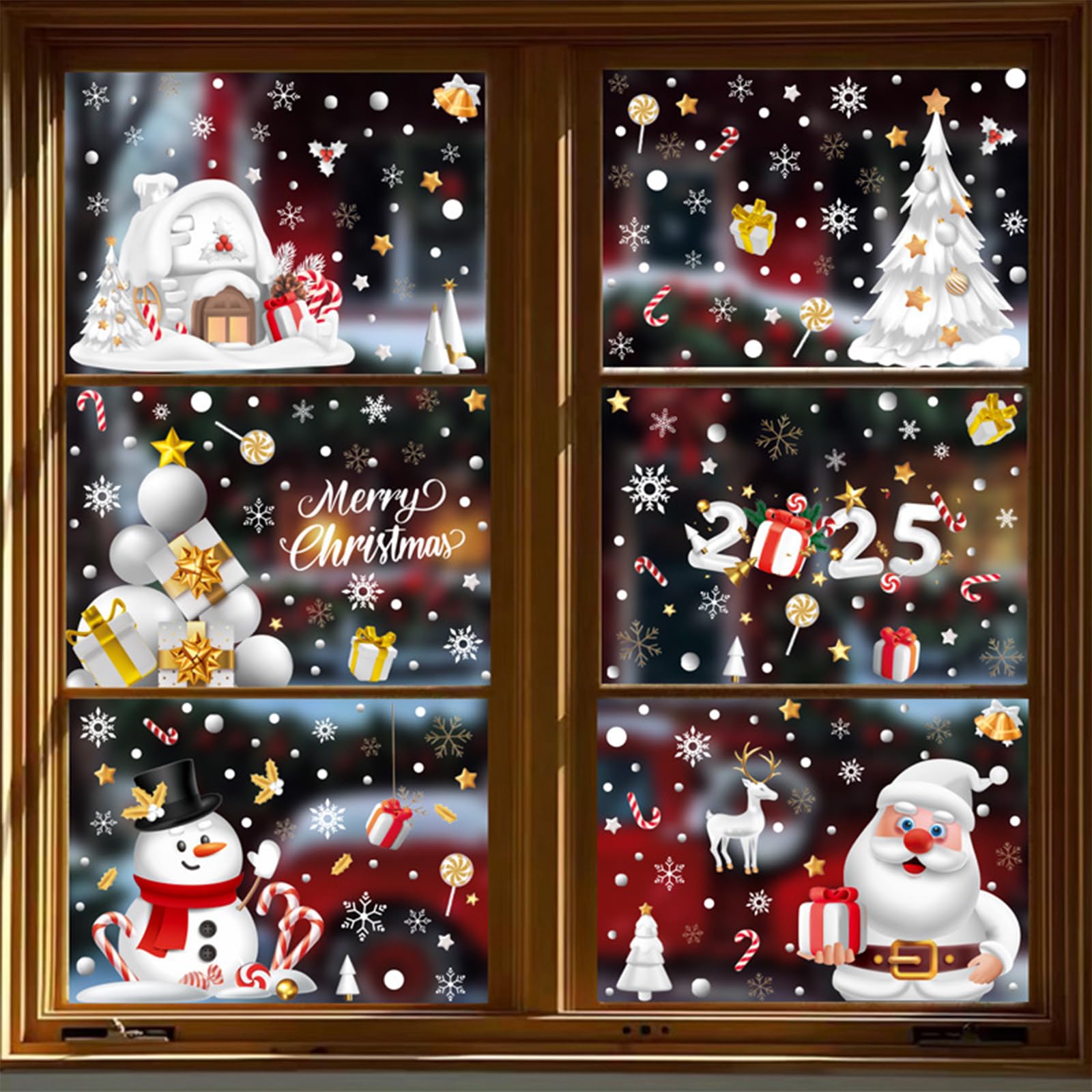 FOSDICK 6 Sheets Reusable Christmas Window Cling Decals - White Santa Xmas Window Stickers for Decorations