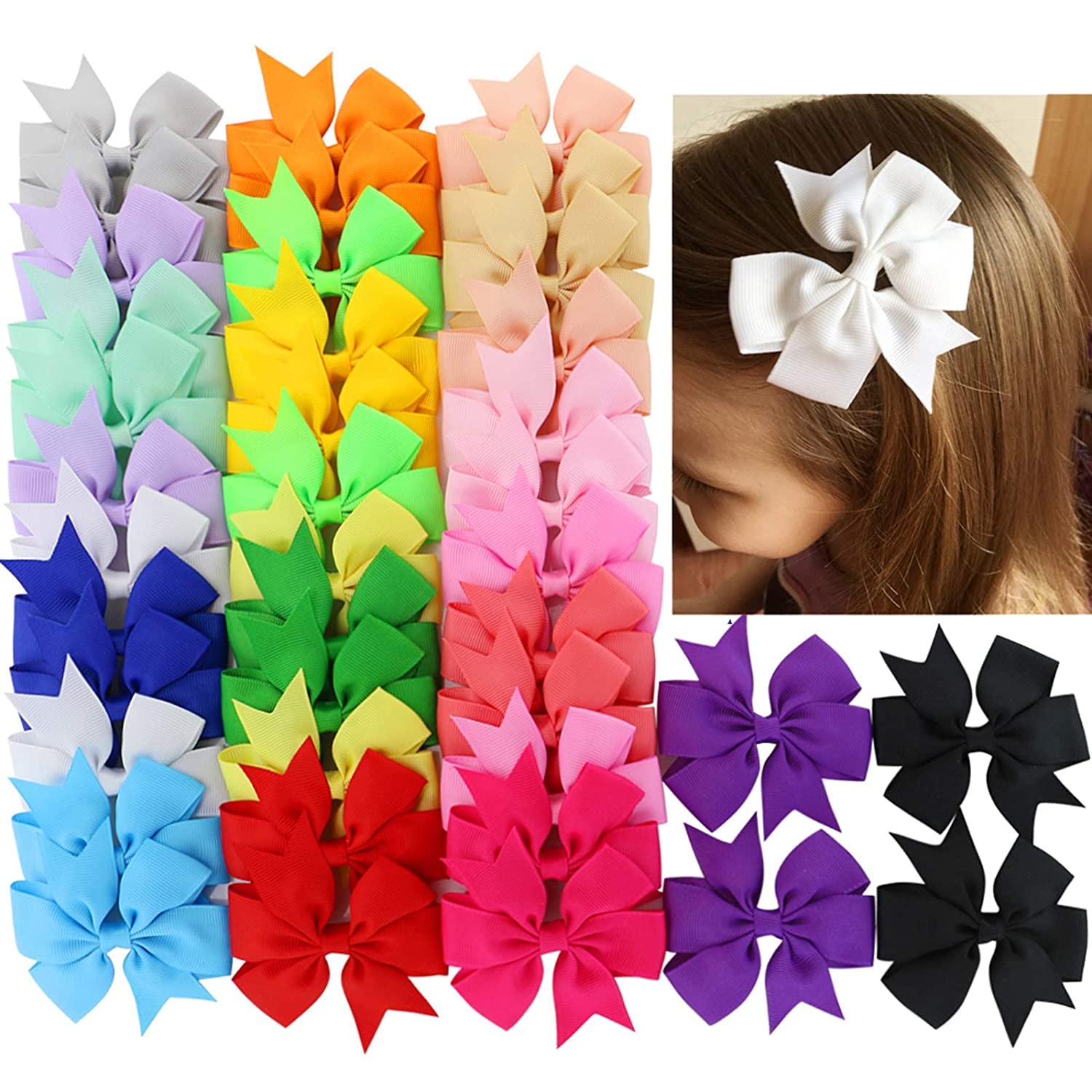 ORiTi30Piece 3 inch Boutique Grosgrain Ribbon Pinwheel Hair Bows Alligator Clips For Girls Babies Toddlers Teens Gifts In Pairs - Mix Color