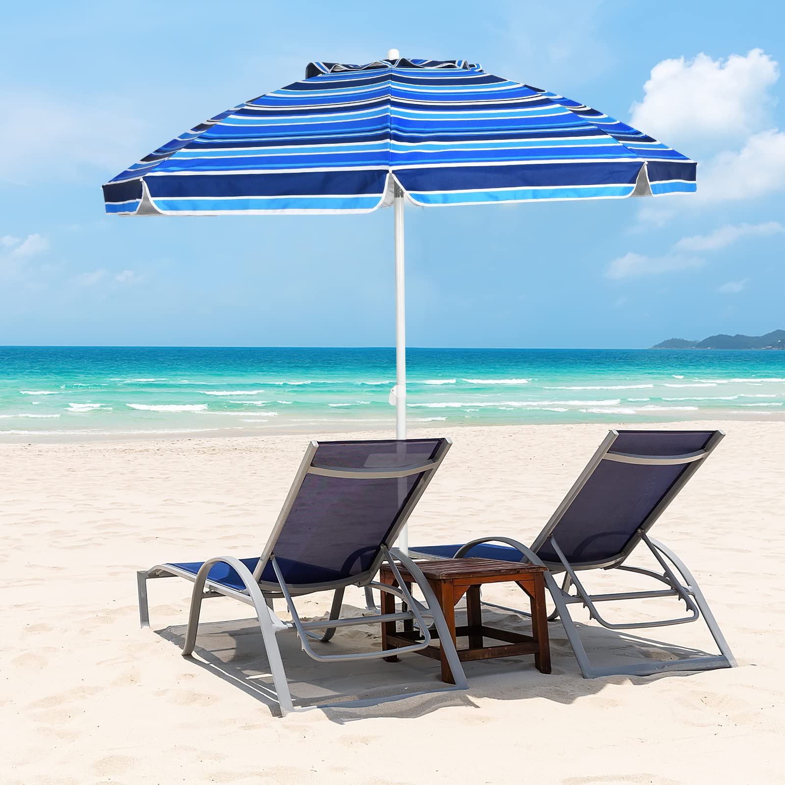 RELAX4LIFE Sombrilla Φ220cm Ajustable y Resistente a Rayos UV y Agua con Soporte Extraíble para Bebidas, Sombrilla Plegable con Bolsa de Transporte para Terraza, Jardín, Playa, Sin Base, Azul Marino
