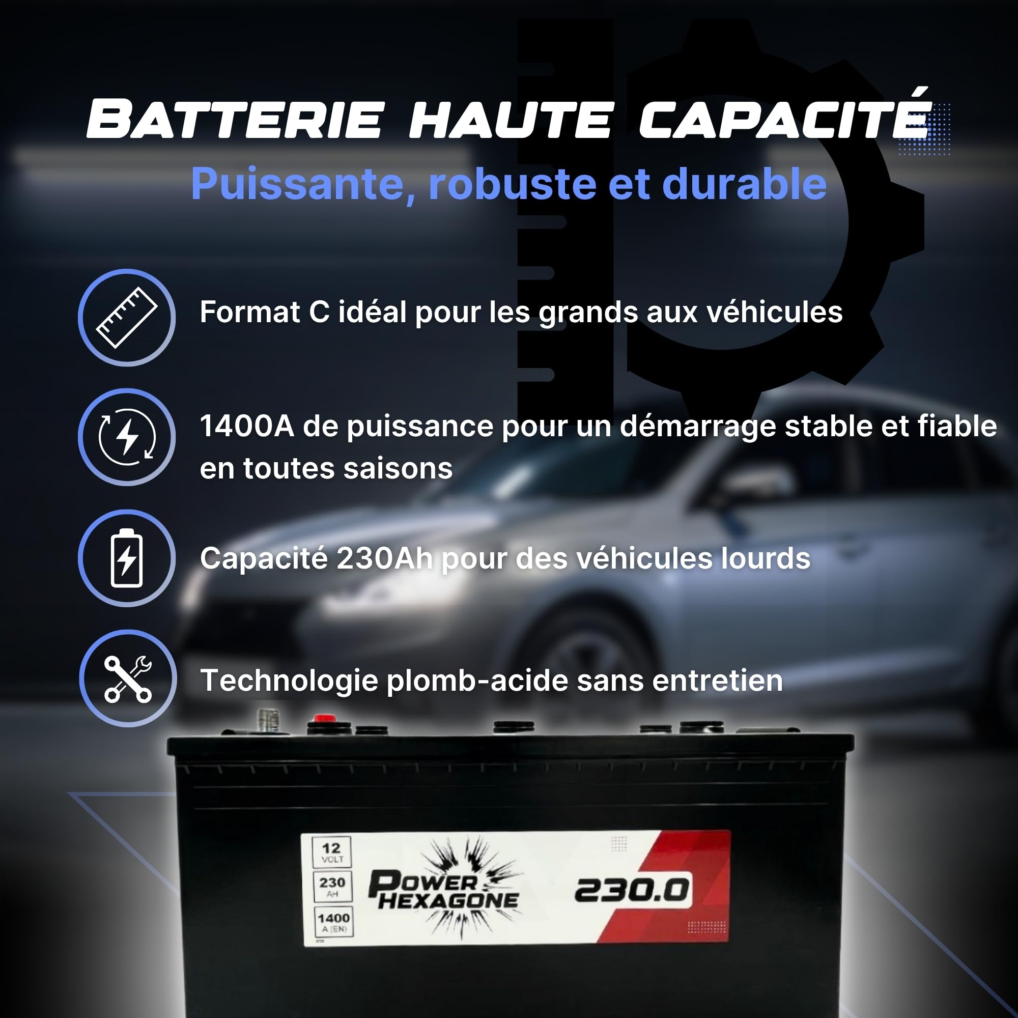 Batterie 12V 230Ah C - Démarrage 1400A - Batterie Poids Lourd Sans Entretien - Format C Compatible Camion, Engin, Tracteur, Chantier - Remplacement Origine - Power Hexagone