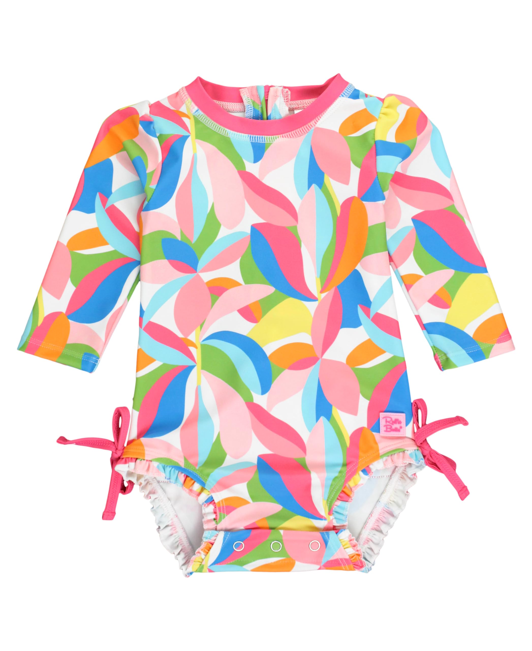 RuffleButts Baby Girls Novelty Baby One Piece - Rash Guard Swimsuit | 80% Nylon 20% Spandex, UPF 50+, Lightweight, Medium Stretch, Full Seat Coverage, Bottom Snaps, Unlined, Infant Beach Swim