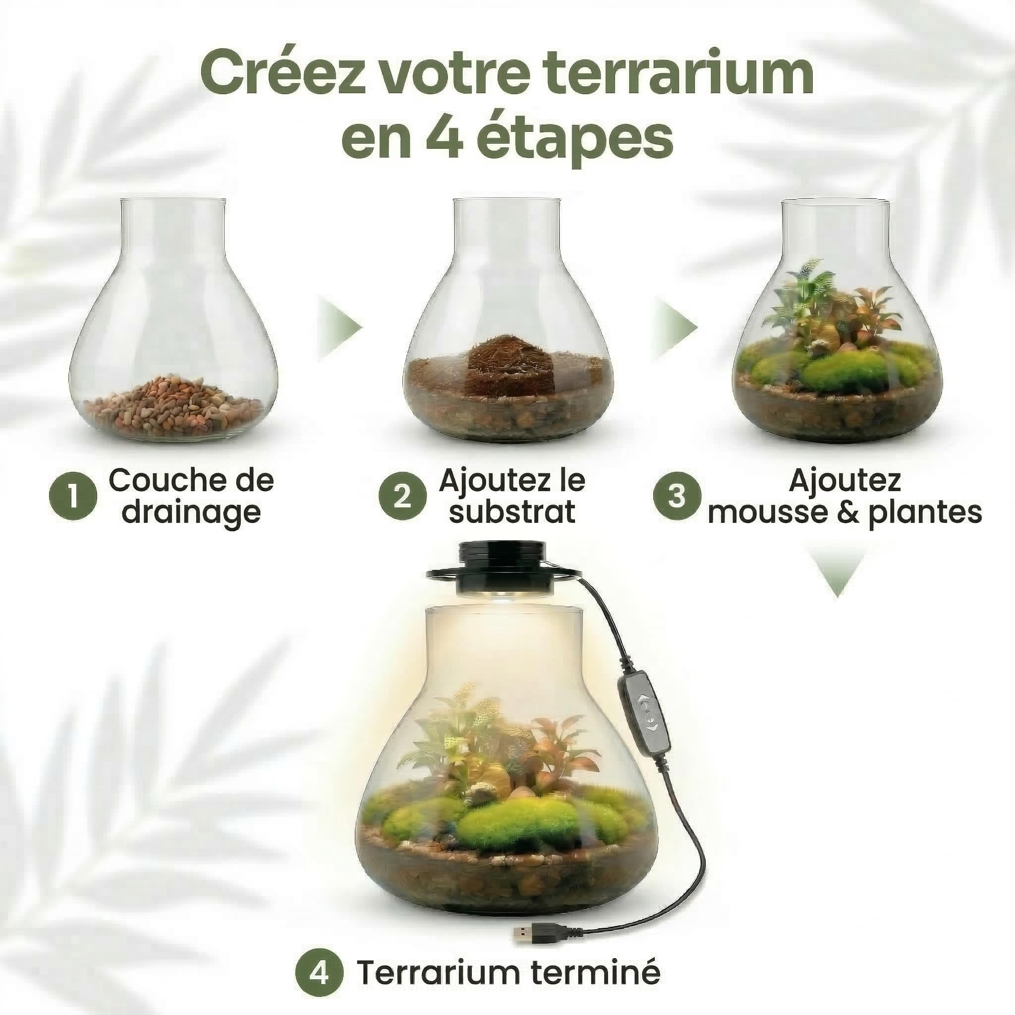 Kit de terrarium pour plantes avec récipient en Borosilicate et lumière LED