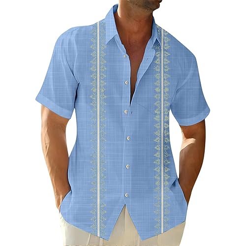 Hawaiian Shirt for Men Stretch V Neck Aloha Shirts Button Down Short Sleeve Blouse Tropical Blouses with Pocket