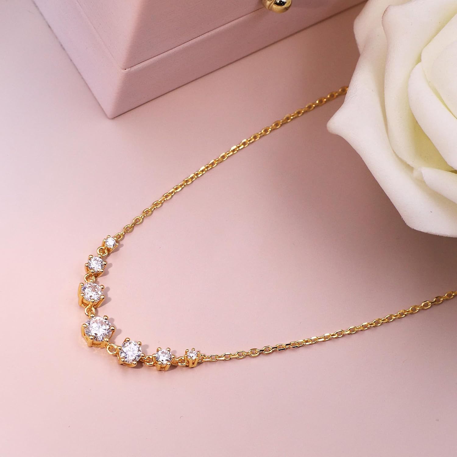 7 Stones Moissanite Necklace for Women 14K Yellow Gold Plated, D Color VVS Clarity Lab Diamond Sterling Silver Choker Necklace