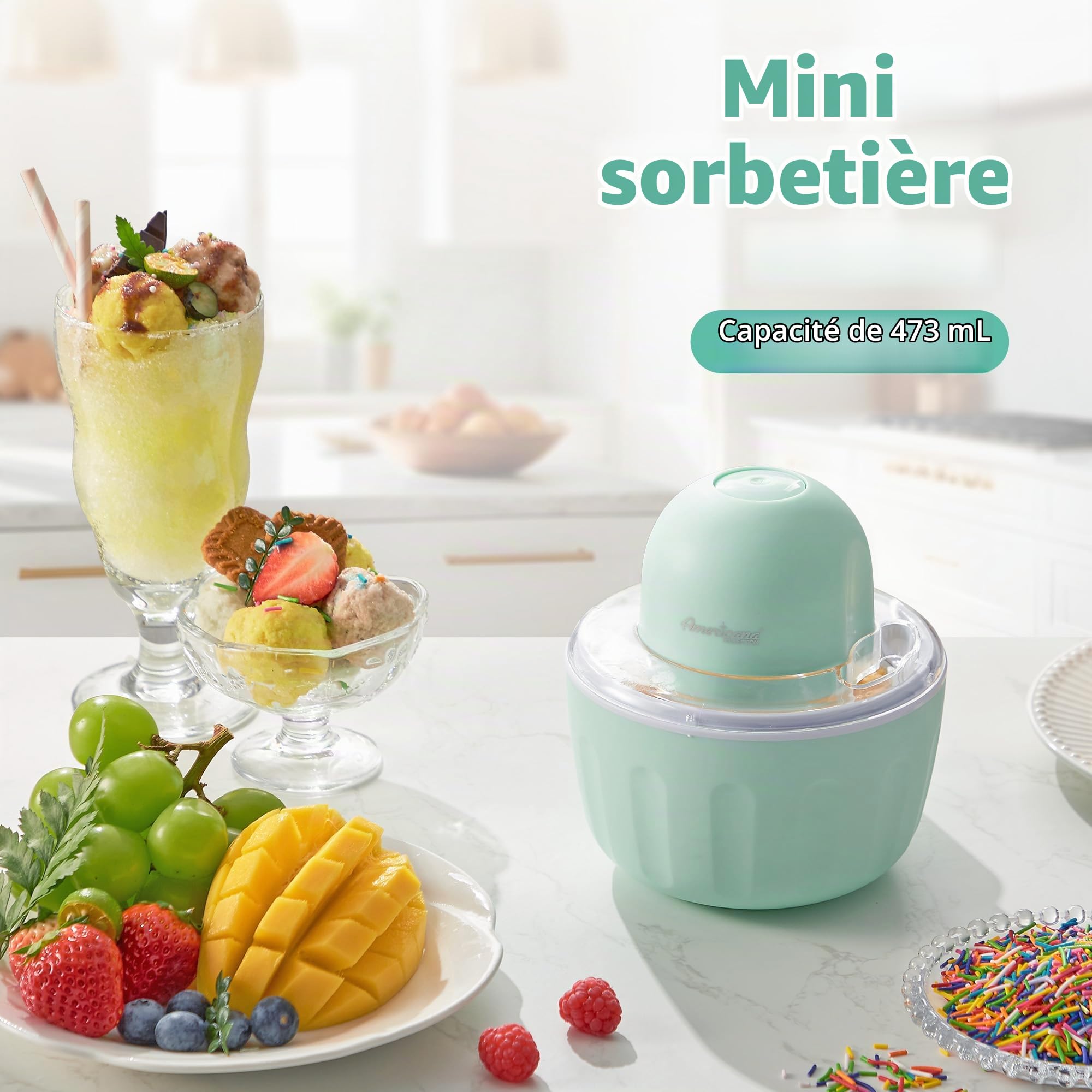 Americana Collection Elite Pint Perfect EIM1205MX Machine à crème glacée 1 pinte Tasse de congélation pour yaourt glacé, sorbet, gelato friandise, recettes, menthe
