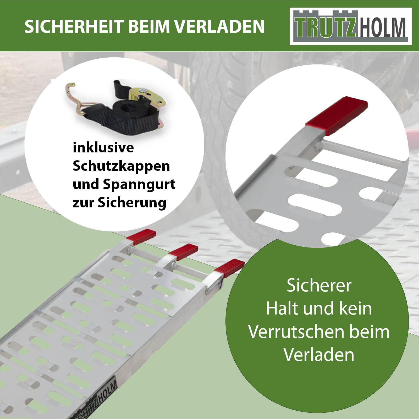 TRUTZHOLM Auffahrrampe klappbar 228 cm Tragkraft 340 kg Aluminium Rampe Faltbare Alu Verladerampe ATV Quad Motorradrampe Laderampe inkl. Spanngurt(1 x Rampe grau)