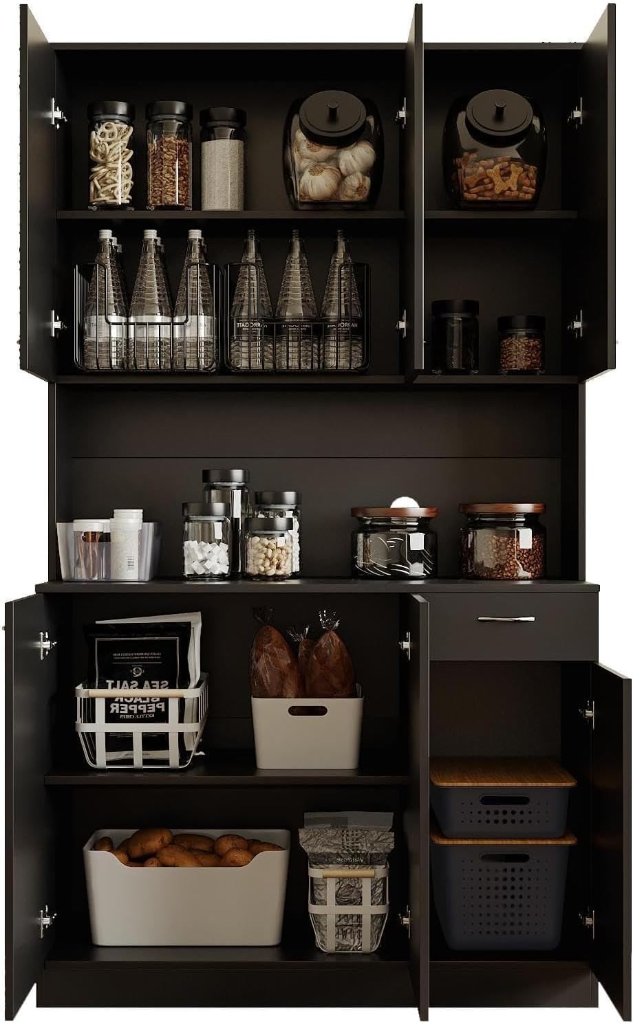 DMAITH 71" Black Kitchen Pantry Cabinets with Microwave Stand, 6 Doors & 3 Adjustable Shelves, Freestanding China Cabinet Hutch, Buffet Cabinet with Storage