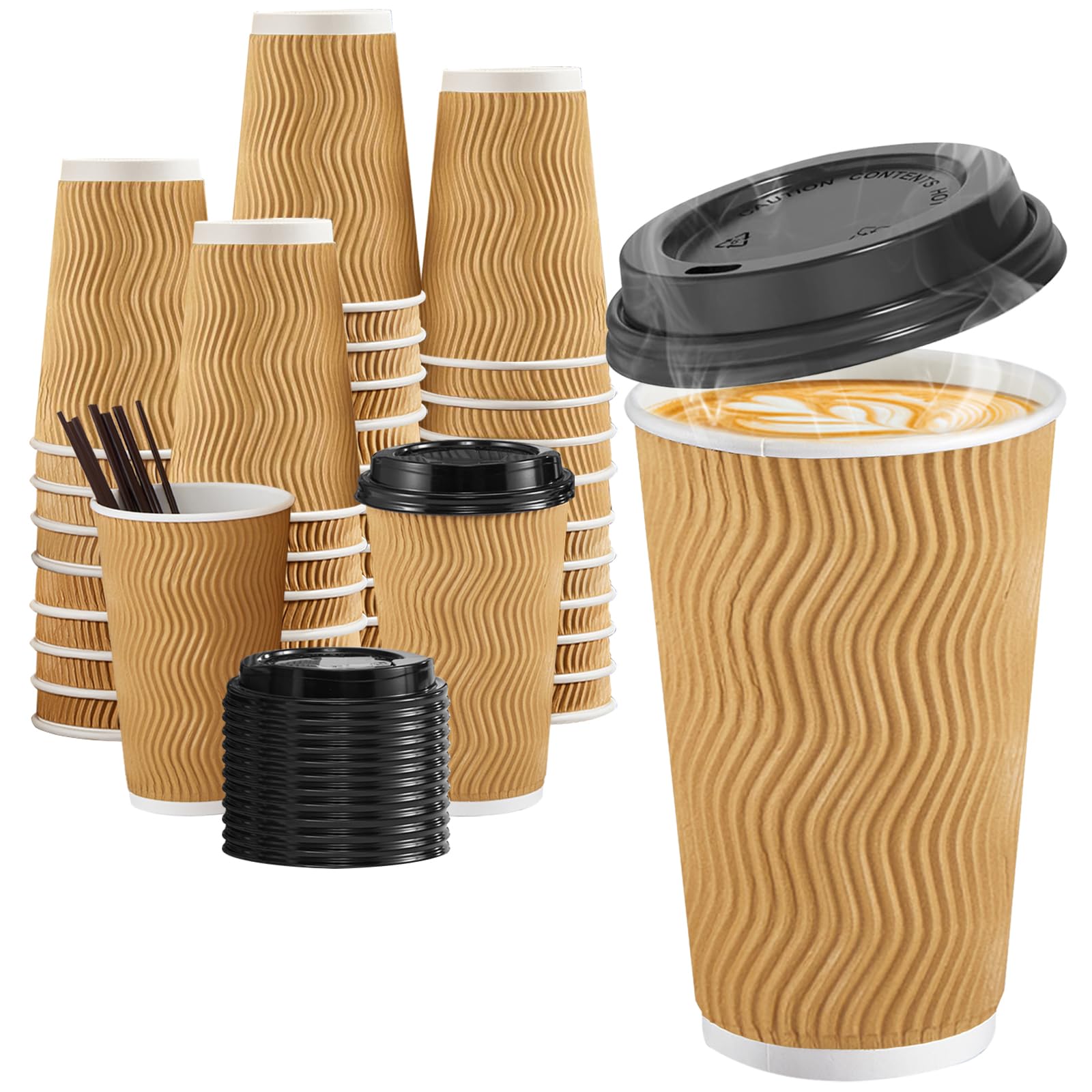 SIUQ 16 oz Coffee Cups-90 Pack Disposable Coffee Cups with Lids and Straws, Insulated Ripple Wall To Go Paper Coffee Cup for Coffee, Juice, Hot Chocolate and Hot Tea Drinks - Champagne