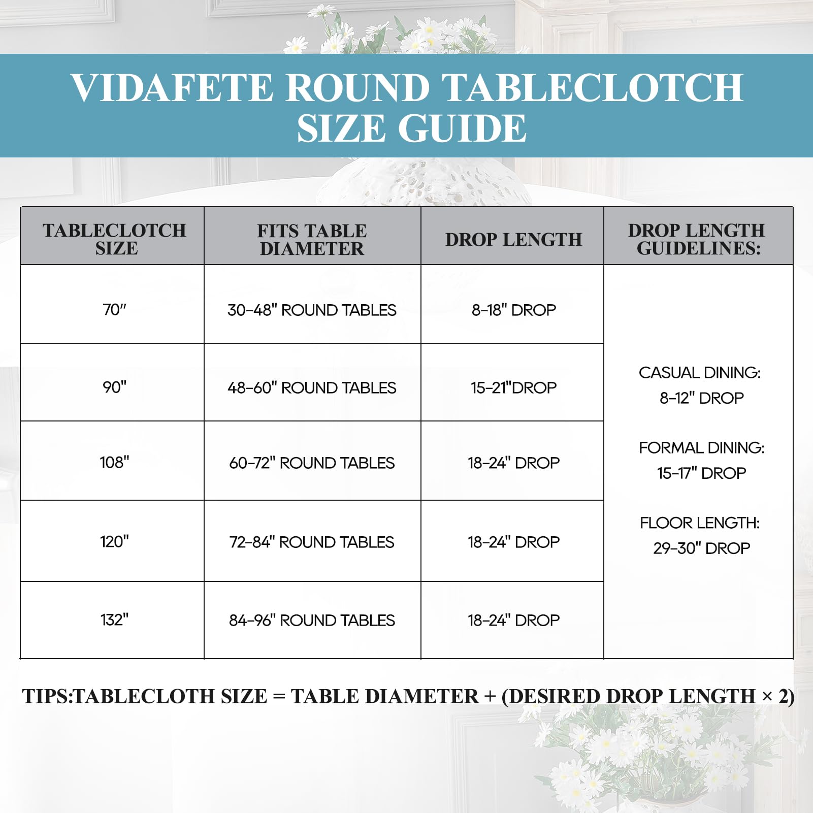 Vidafete Confezione da 10 tovaglie rotonde da 335 cm, in poliestere, antimacchia e antipiega, per cucina, sala da pranzo, feste, matrimoni, rettangolare, decorazione per tavolo e buffet (bianco)