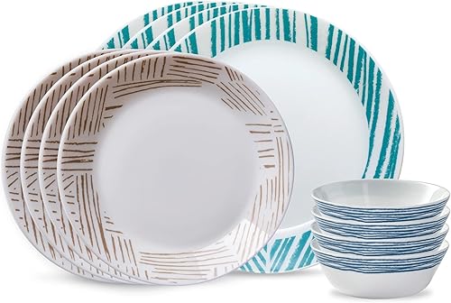 Corelle Everyday Expressions - Juego de vajilla de 12 piezas apto para 4 duradero y ecológico juego de platos y cuencos de vidrio de borde superior