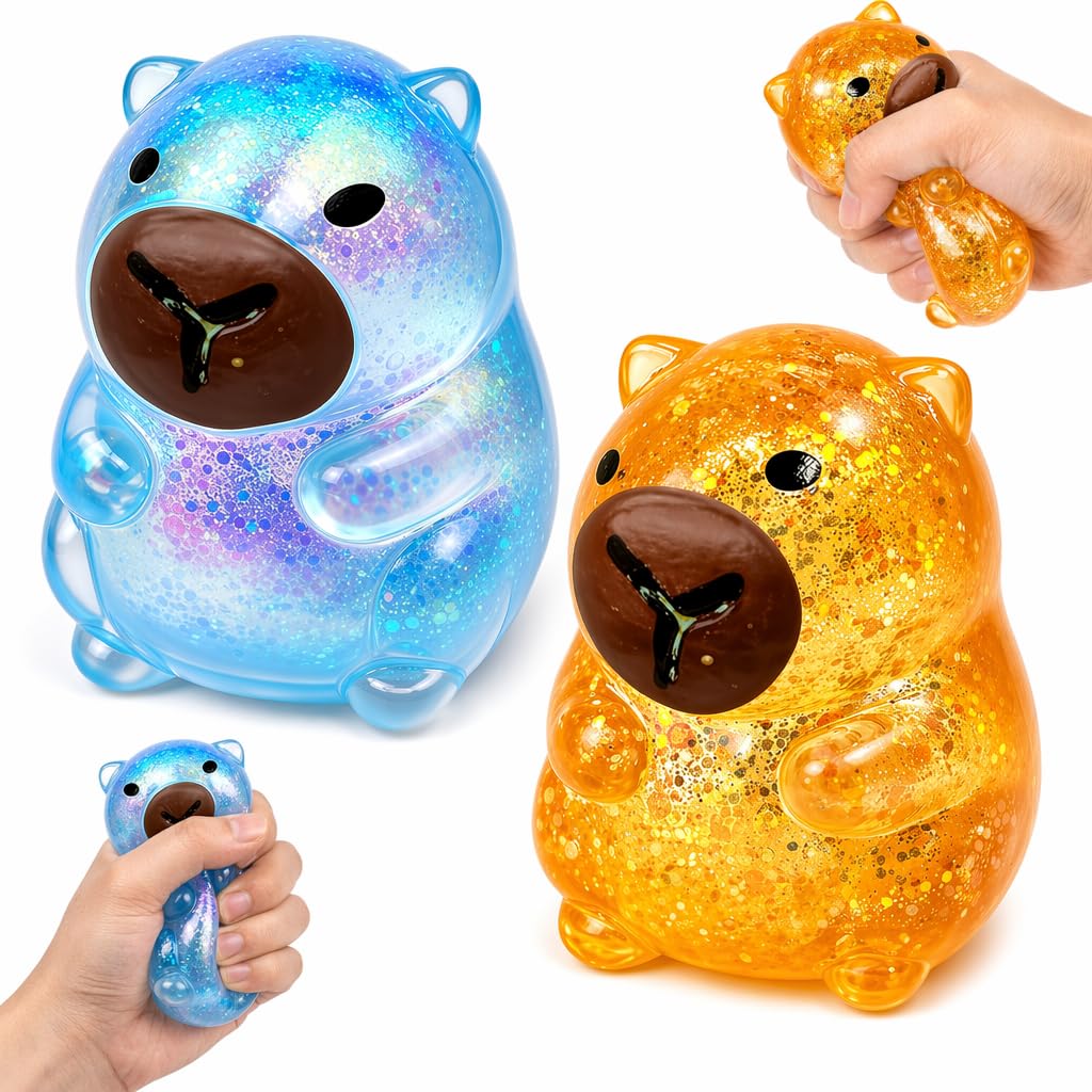 2 PCS Capybara Squishy Fidget Set, Fidget Stress Ball for Adults, Two Textured Sensory Toys in Blue and Orange, Stress Relief During Work Breaks and Travel, Desk Decor Collectibles