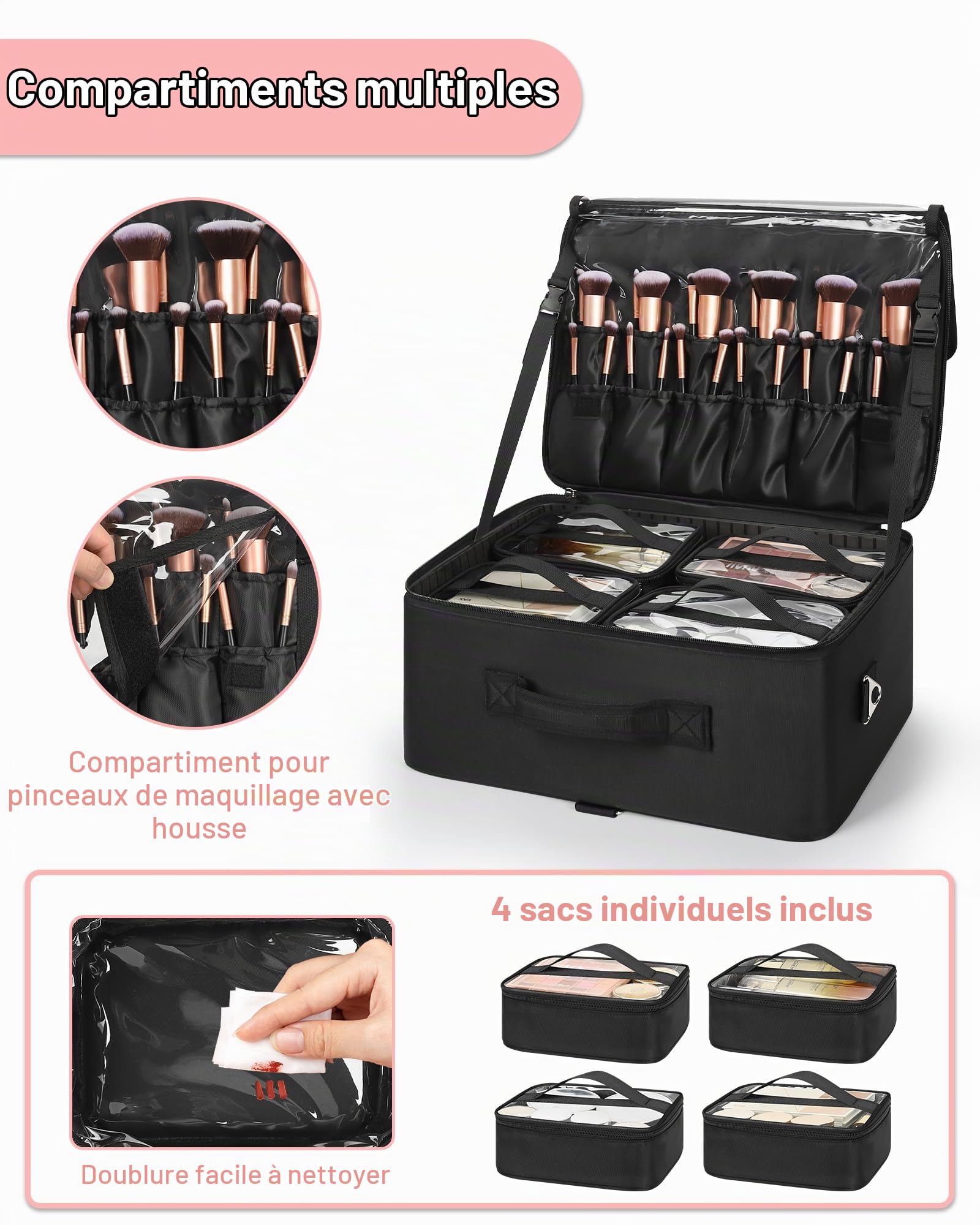 Relavel Trousse de Maquillage Professionnelle Extra Large avec 4 Sacs Transparents et Plateau à Rouge à lèvres pour maquilleurs