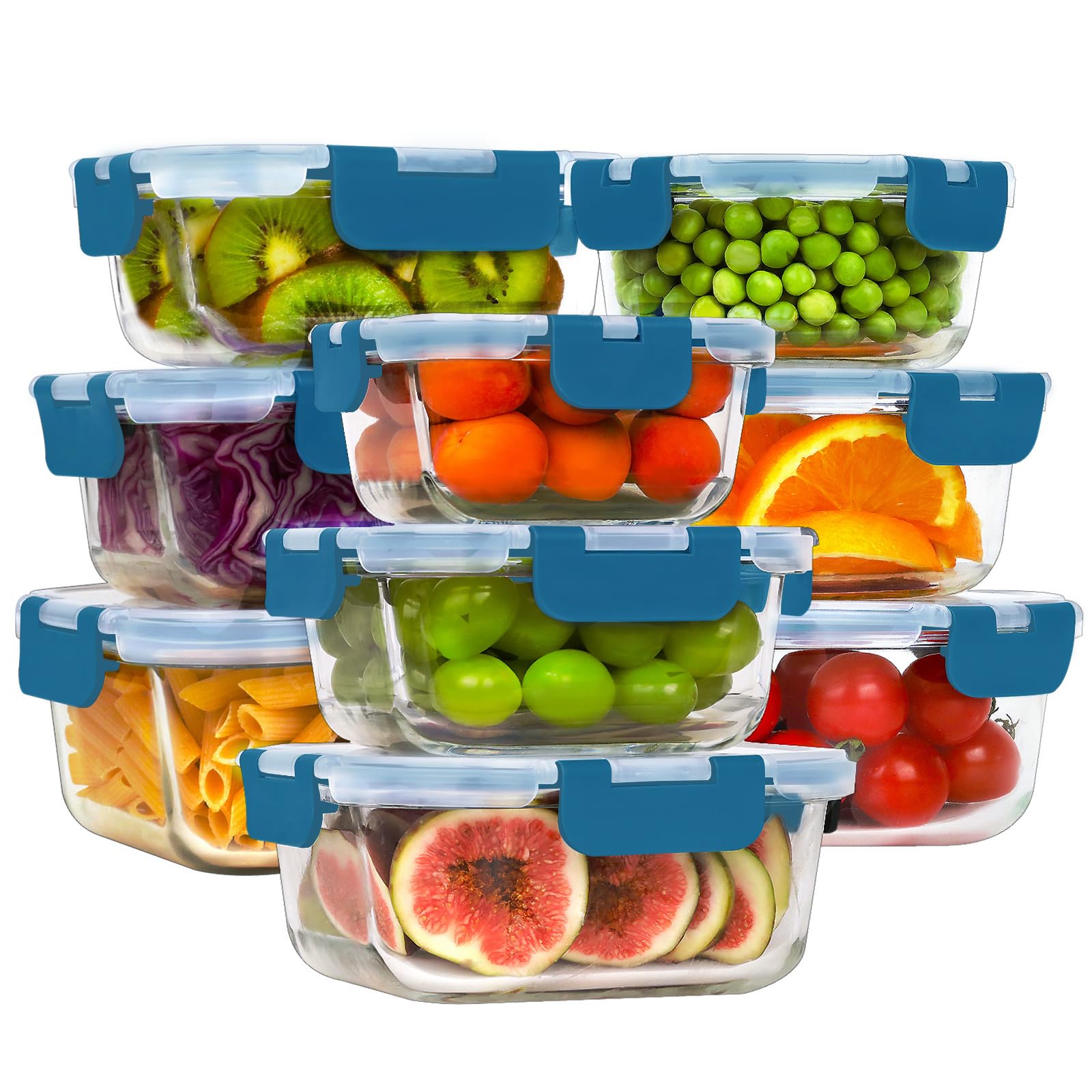 HOMBERKING Contenitori per alimenti in vetro con coperchio, [18 pezzi], contenitori ermetici per la preparazione dei pasti, contenitori ermetici per il pranzo, senza BPA e a prova di perdite (9