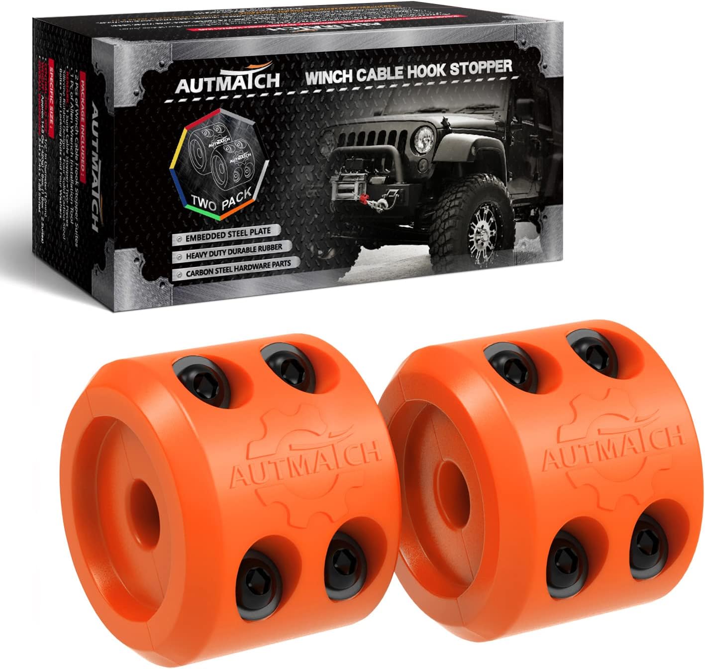 AUTMATCH Winch Cable Hook Stopper (2 Pack), Silicone Rubber Winch Stopper for Wire & Synthetic Rope, Winch Line ATV UTV, Shock Absorbent, Prevent Pulling Bounce and Abrasion, Orange