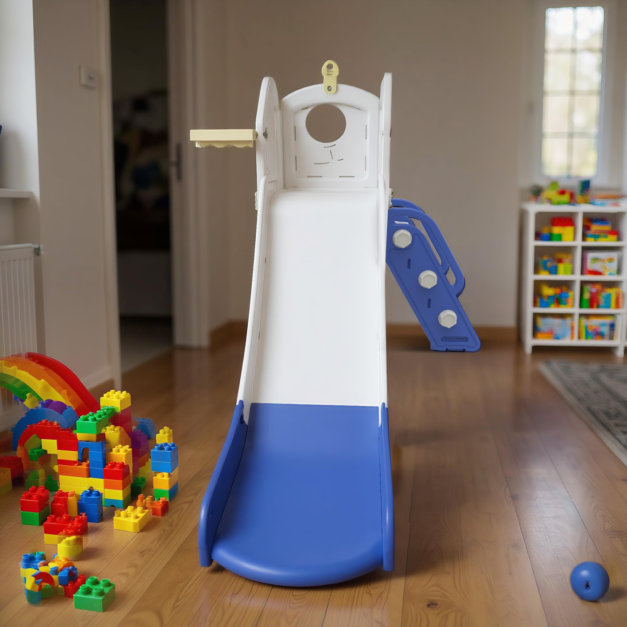 NAIZY Kinderrutsche Indoor & Outdoor 5-in-1 Rutsche mit Kletterleiter, Basketballkorb, Teleskop und Stauraum, HDPE PP Kunststoff Spielgerät für Kinder, belastbar bis 50 kg