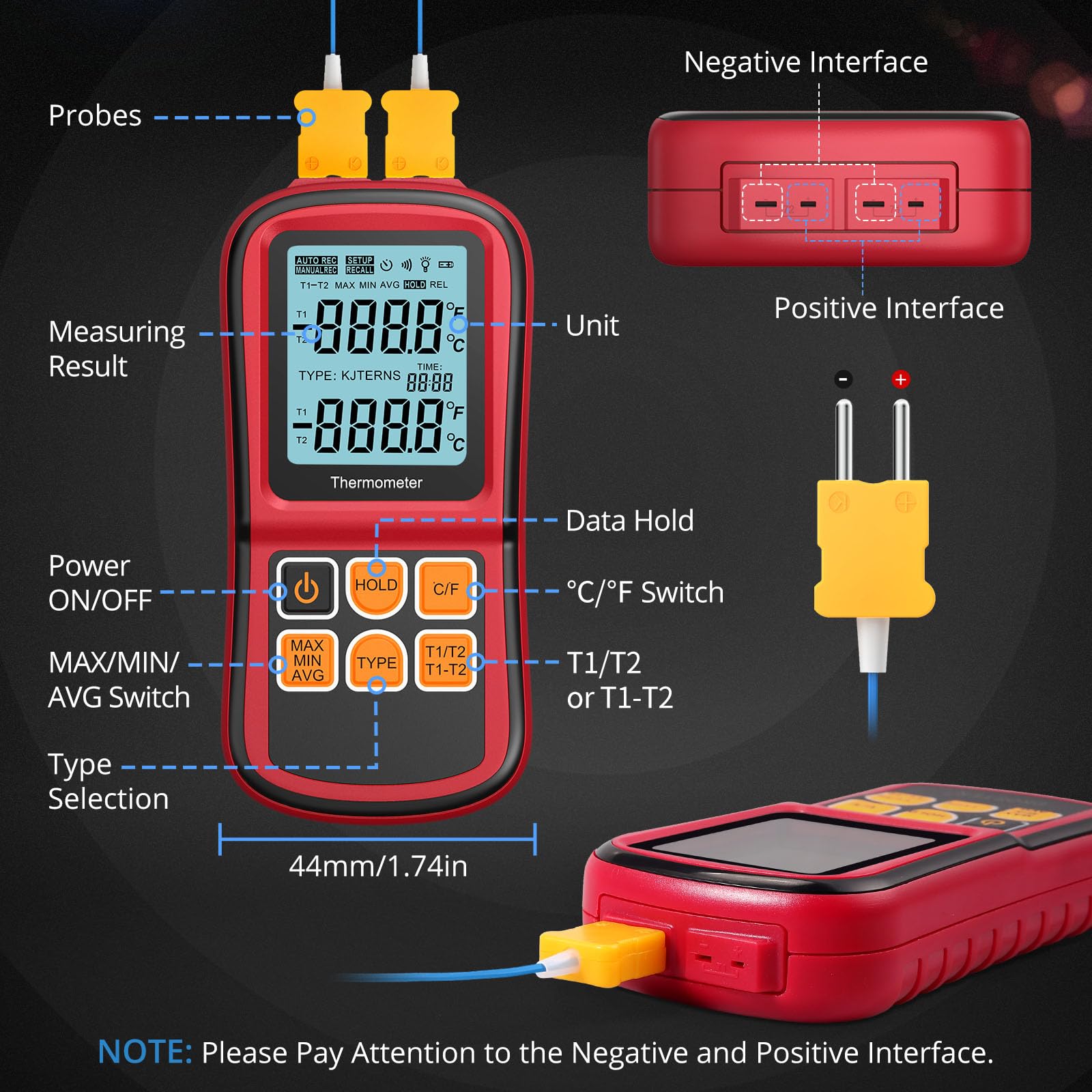 Dual Digitales Thermometer, CAMWAY Temperaturmesser mit 2 Channels K-Type & LCD Anzeige Hintergrundbeleuchtung, Thermoelementen Sensor Sonde Temperaturmessgerät für Thermoelement Typen K/J/T/E/R/S/N
