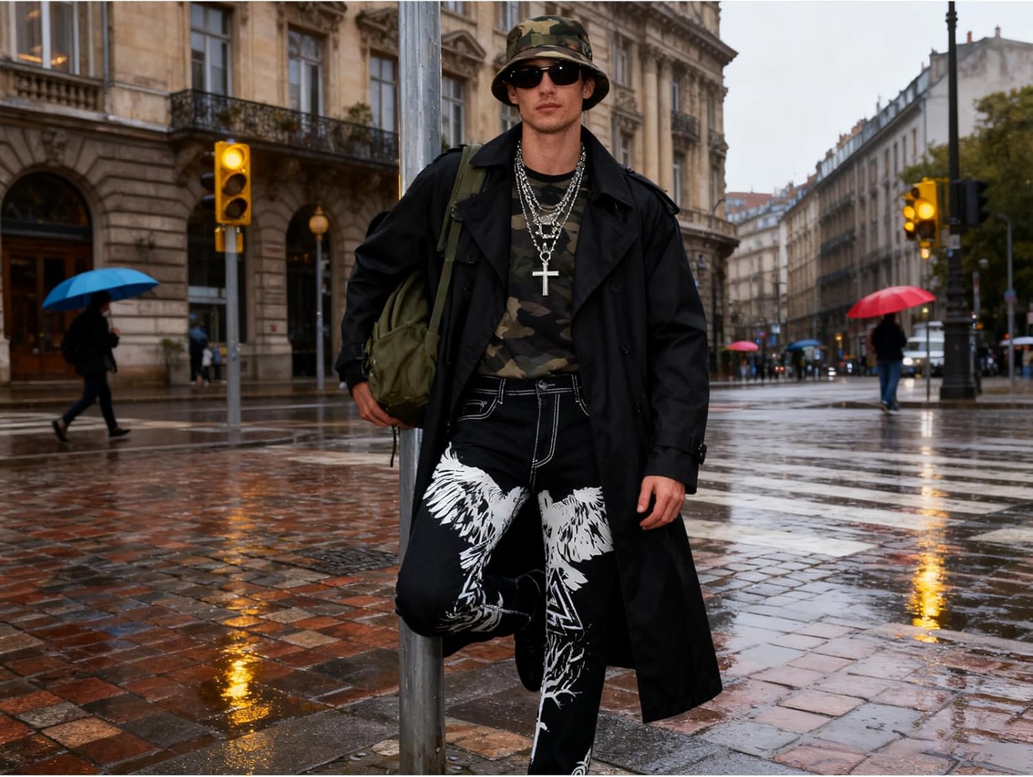 Men’s Y2K Graphic Printed Stacked Jeans, Slim Fit Drip Wash Streetwear Fashion Denim Pants for Men - Image 5