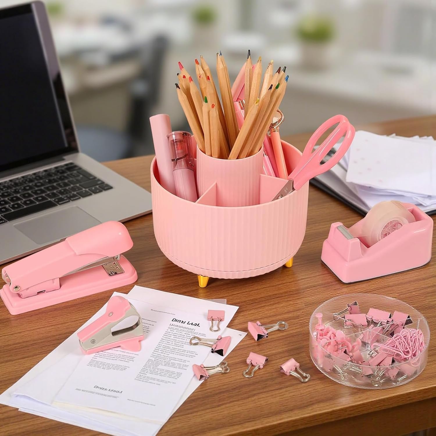 Pink Stationery Set,12 in 1 Office School Supplies Stapler & Staples Set, Rotating Pencil Holder for Desk, Staple Remover, Tape Dispenser, Tape Refills, Binder Paper Clips Kit, Scissor - Image 2