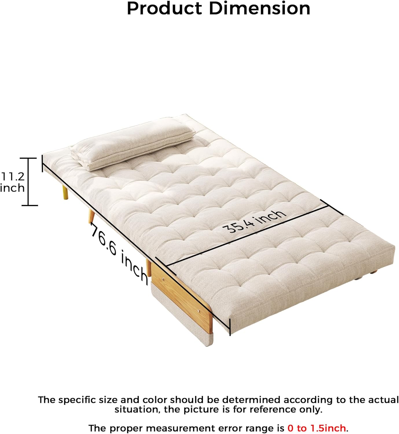 3-in-1 Convertible Chair Bed Sleeper for Adults, Linen Convertable Sleeper Chair with Wooden Arms & Pillows, Foldable Single Futon Sofa Bed for Small Spaces, Mid Century, 76.6" D x 36.6" W Mid-century 36.6" W Sleeper Chair