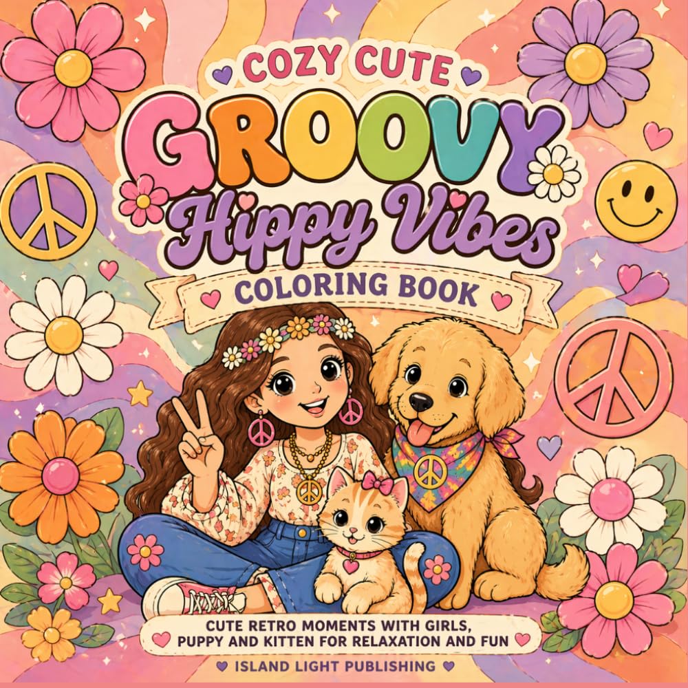 Cozy Cute Groovy Coloring Book for Adults: Fun Retro 70s Hippie Scenes with Girls, Puppies and Kittens, Peaceful Cute Designs for Relaxation and Stress Relief