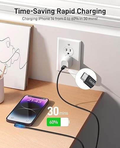 Miniatura 2 de Cable USB C a Lightning [certificado Apple MFi] Cargador de iPhone de carga rápida, paquete de 2 unidades de 10 pies de largo, nailon de 90 grados